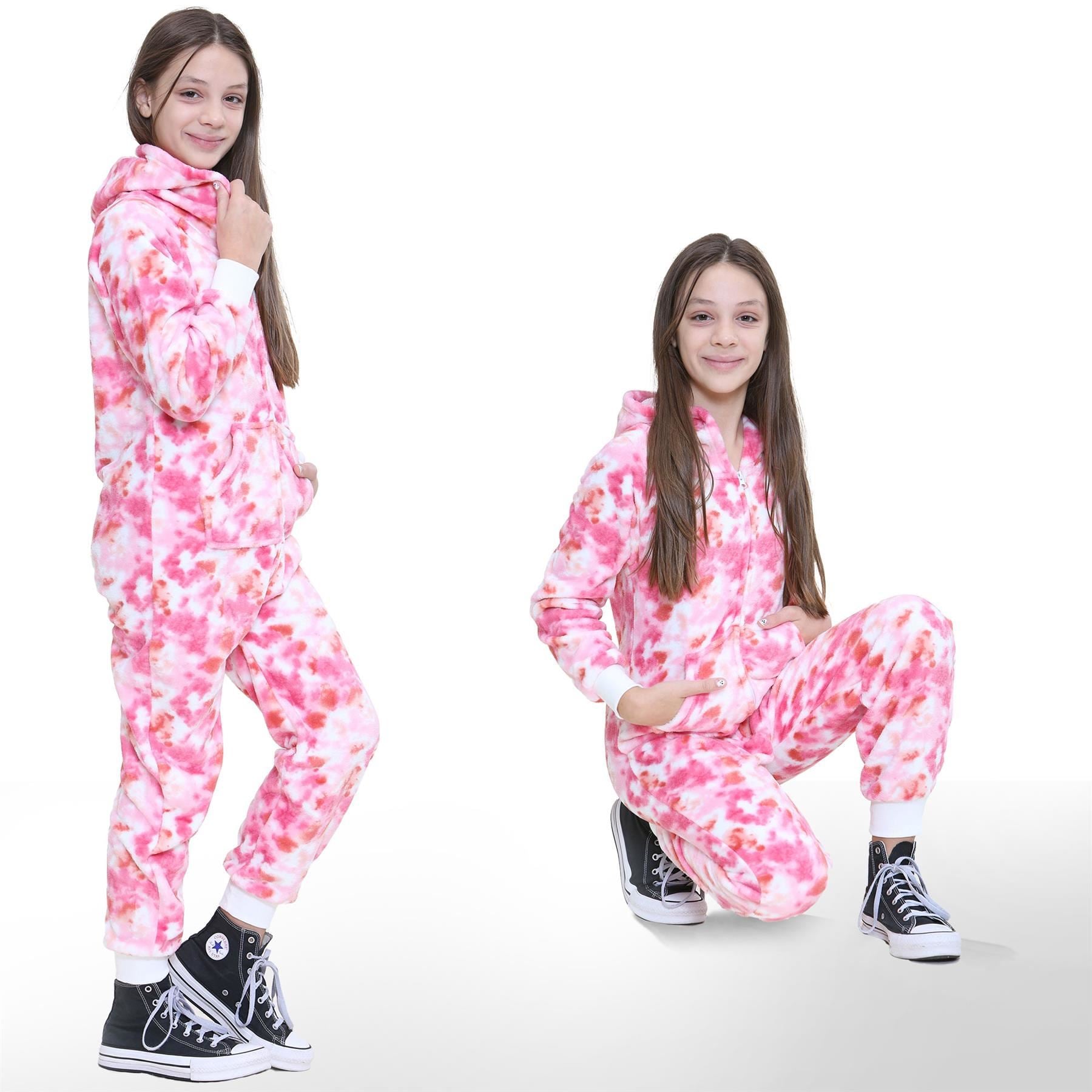 Kids Girls Super Soft Fleece Tie Dye Pink Onesie