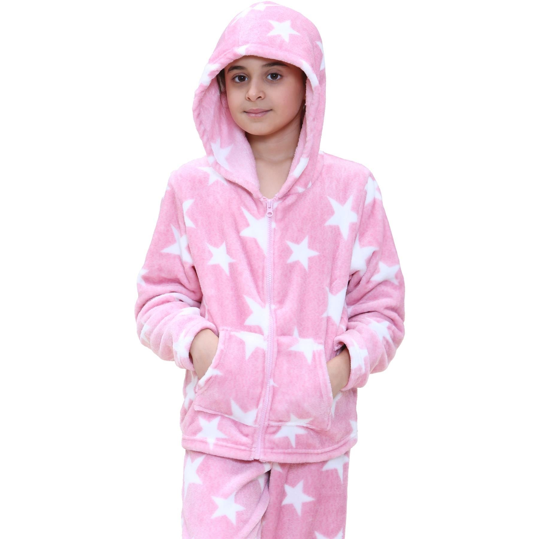 Kids Girls Stars Print Pink Zipped Pyjama Extra Soft Hooded Flannel Fleece PJS Set