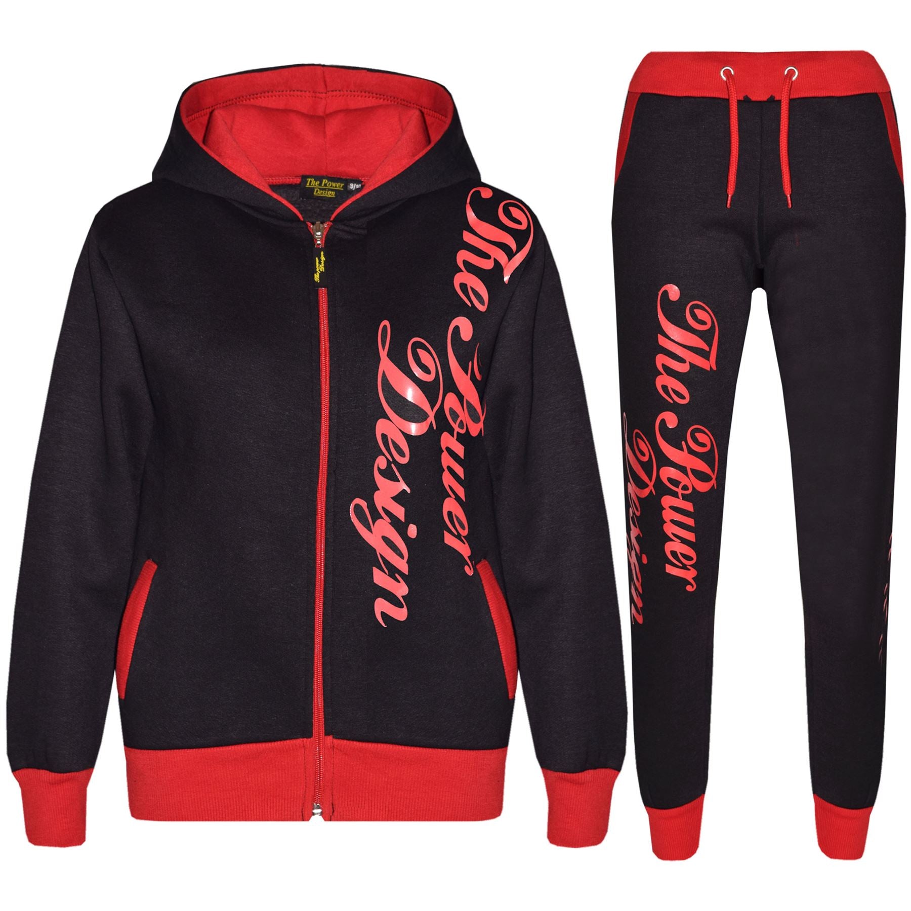 Kids Boys Girls The Power Design Jogger Black & Red Tracksuit