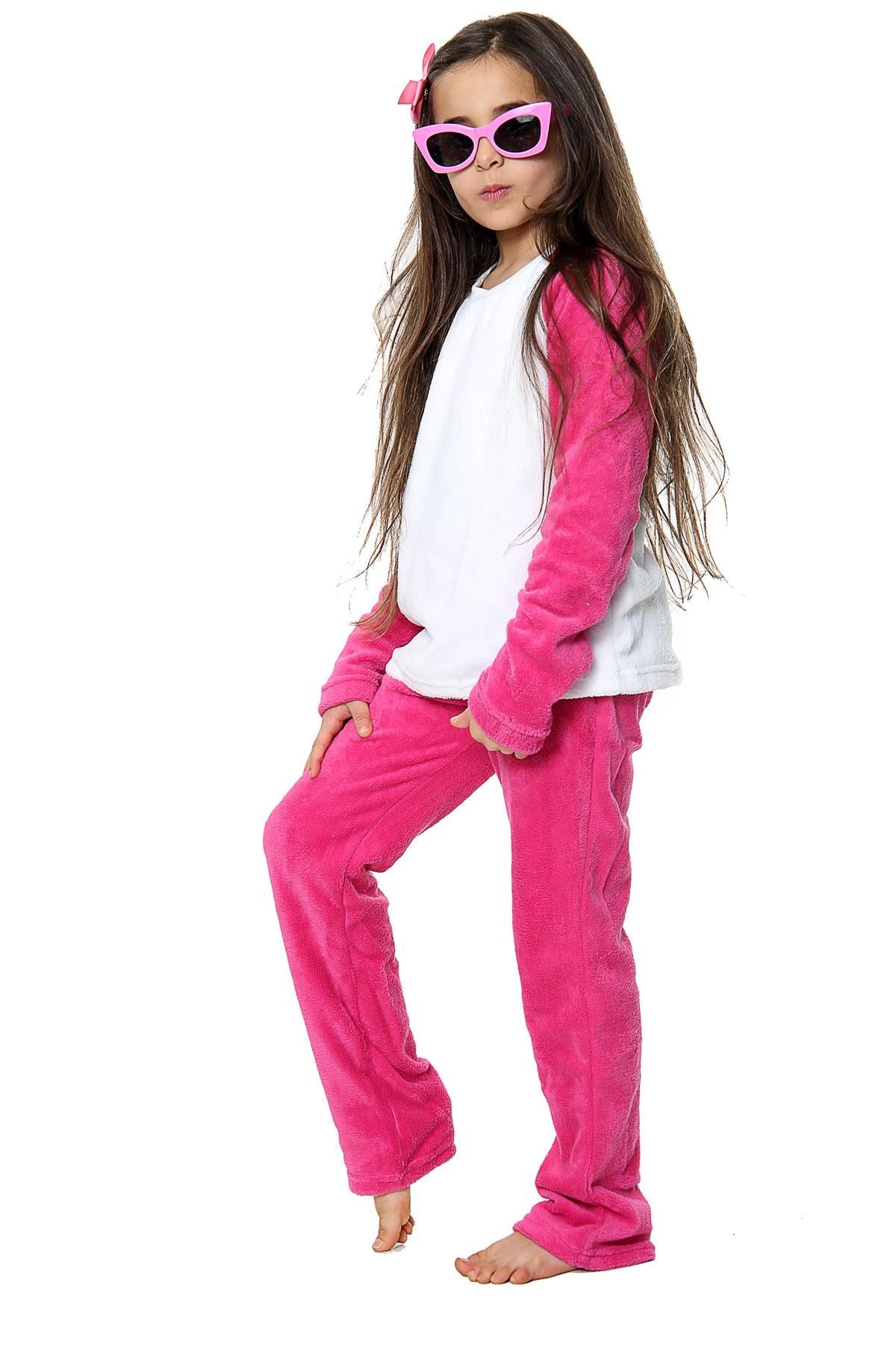 Girls Boys Pink Plain Fleece Pyjamas.