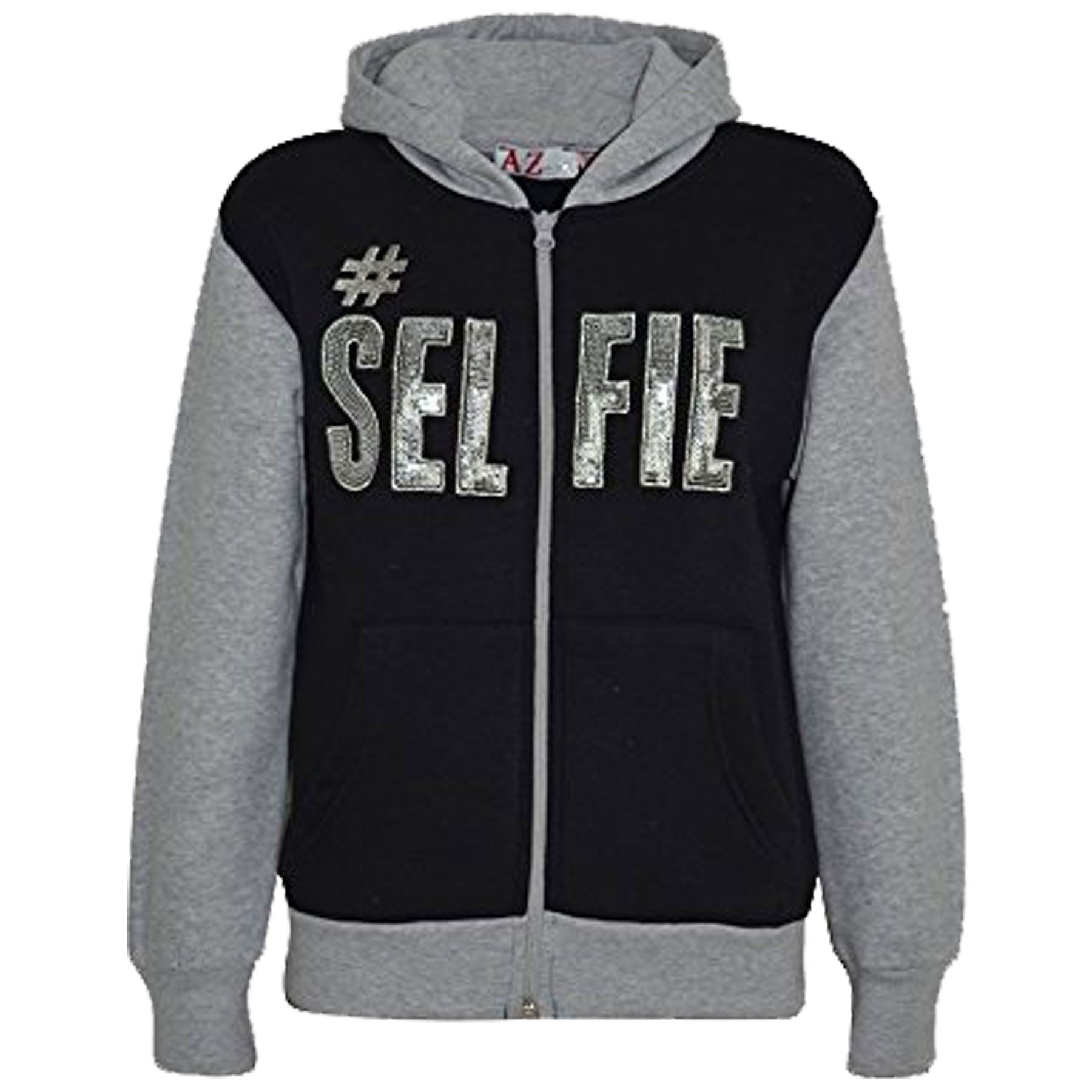 Girls #SELFIE Sequin Embroidered Black & Grey Tracksuit