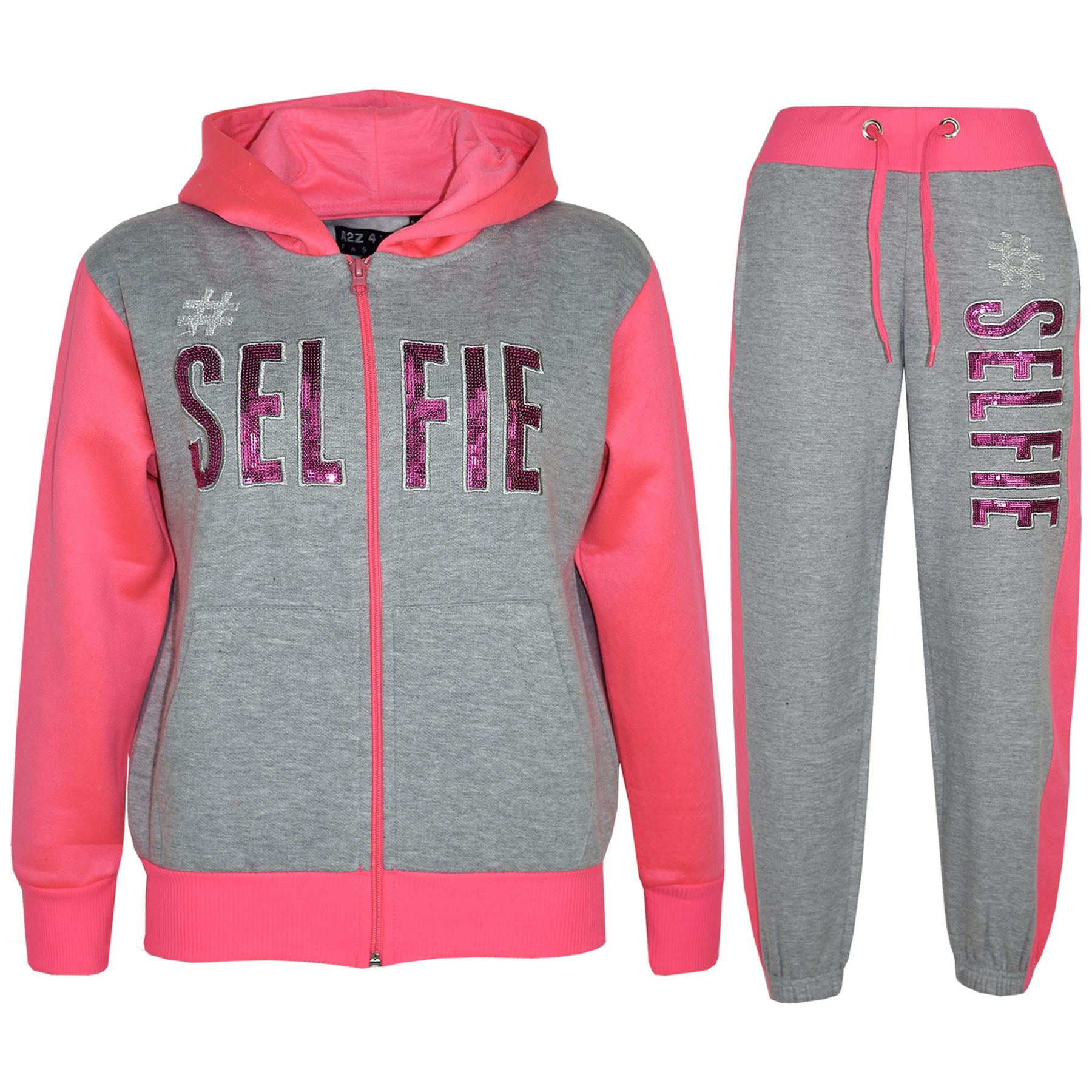 Girls #SELFIE Sequin Embroidered Grey & N.Pink Tracksuit