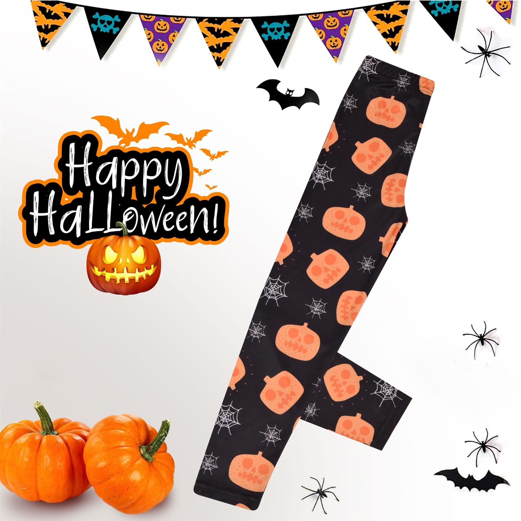 Girls Pumpkins & Spider Web Print Black Soft Stretchy Halloween Leggings