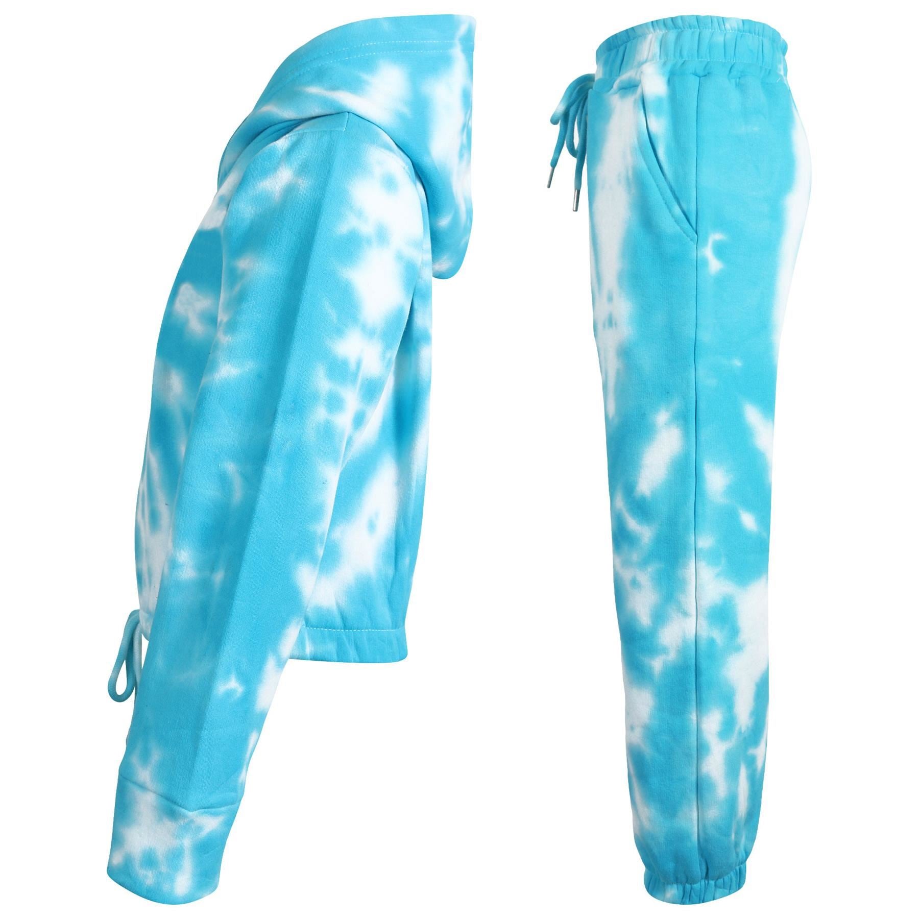 Kids Girls Tie Dye Blue Tracksuit Gym Cropped Hoodie Sweatpants