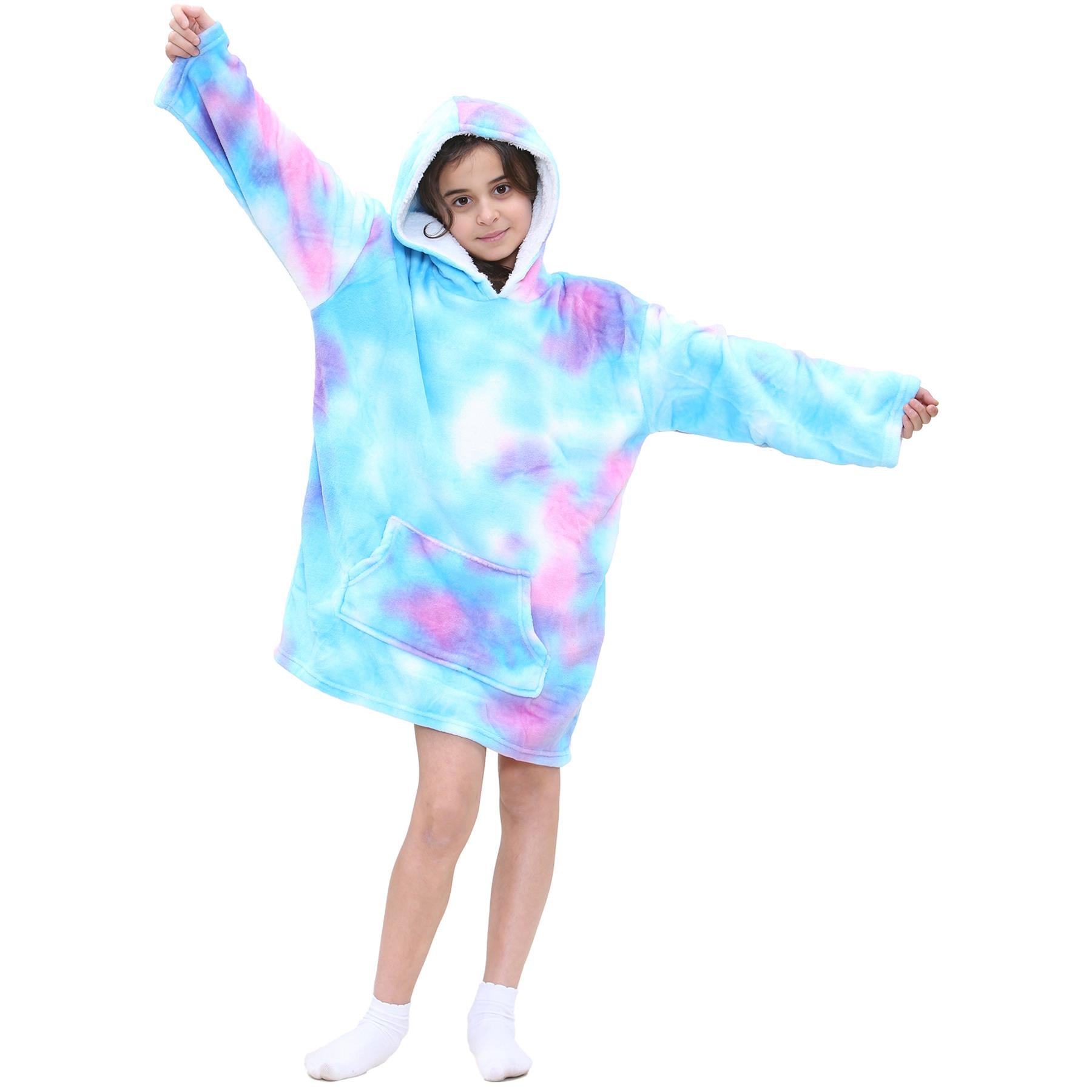 Kids Unisex Oversized Hoodie Snuggle Tie Dye Blue Printed Fleece Blanket