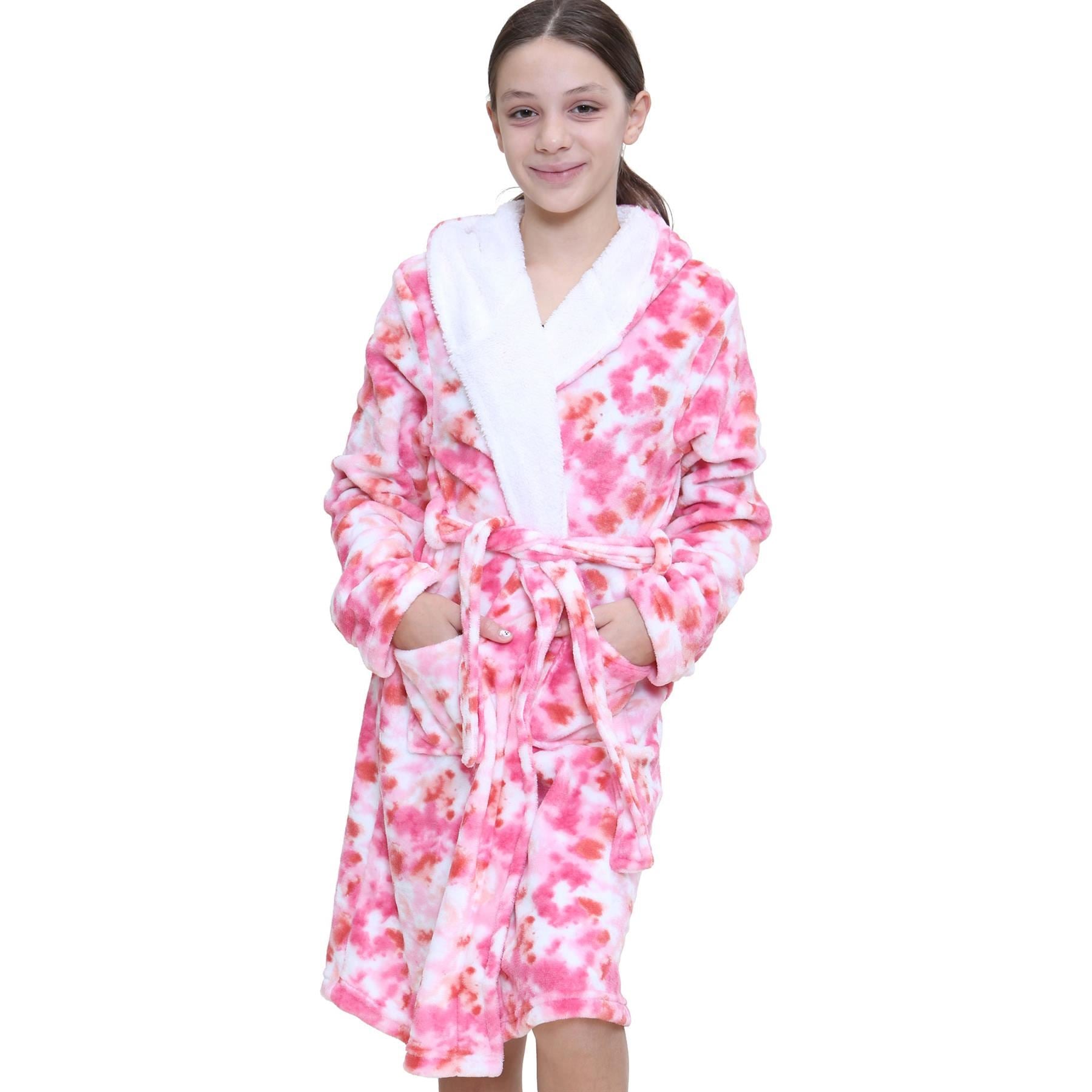 Girls Soft Tie Dye Pink Printed Hooded Robe