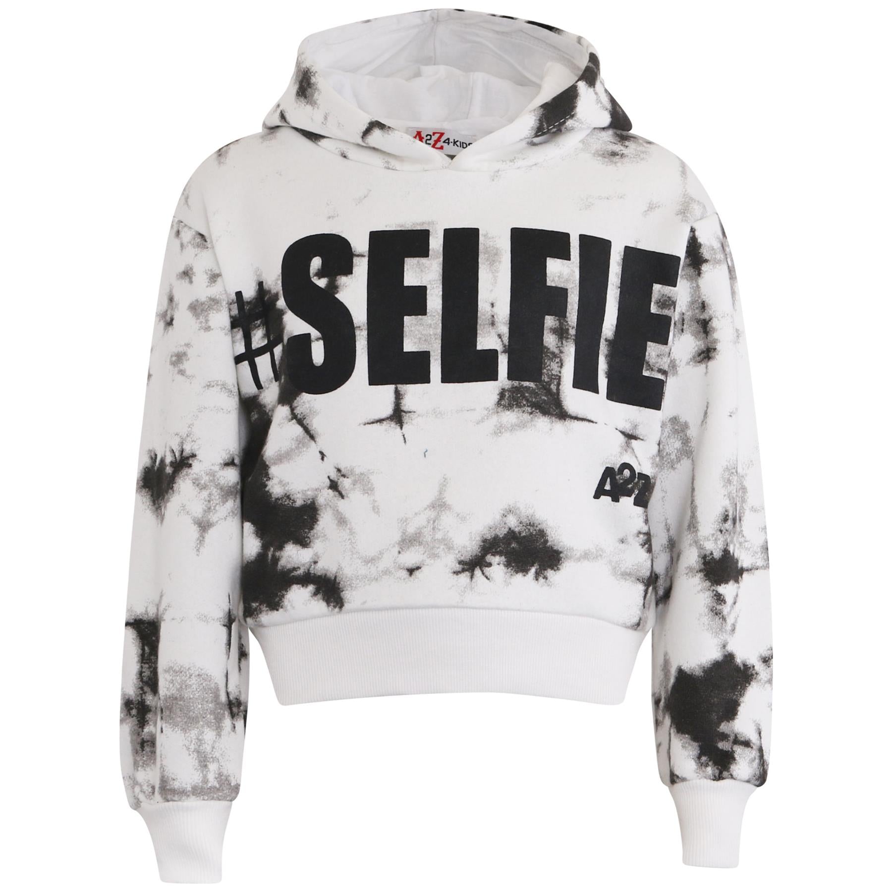 Kids Girls Tie Dye Tracksuit "#Selfie" Print Black Hooded Crop Jogging Suit