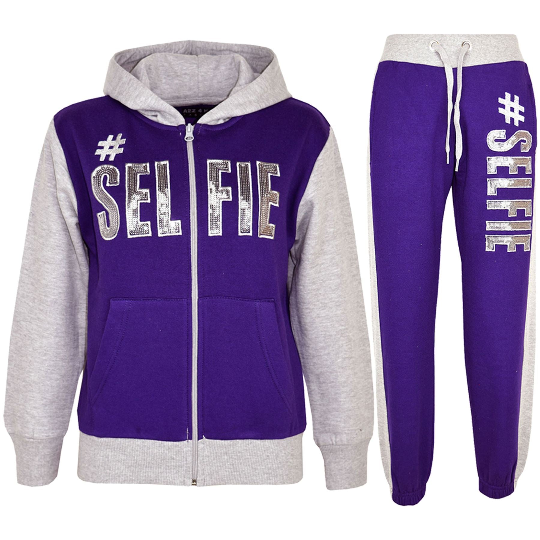 Girls #SELFIE Sequin Embroidered Purple & Grey Tracksuit