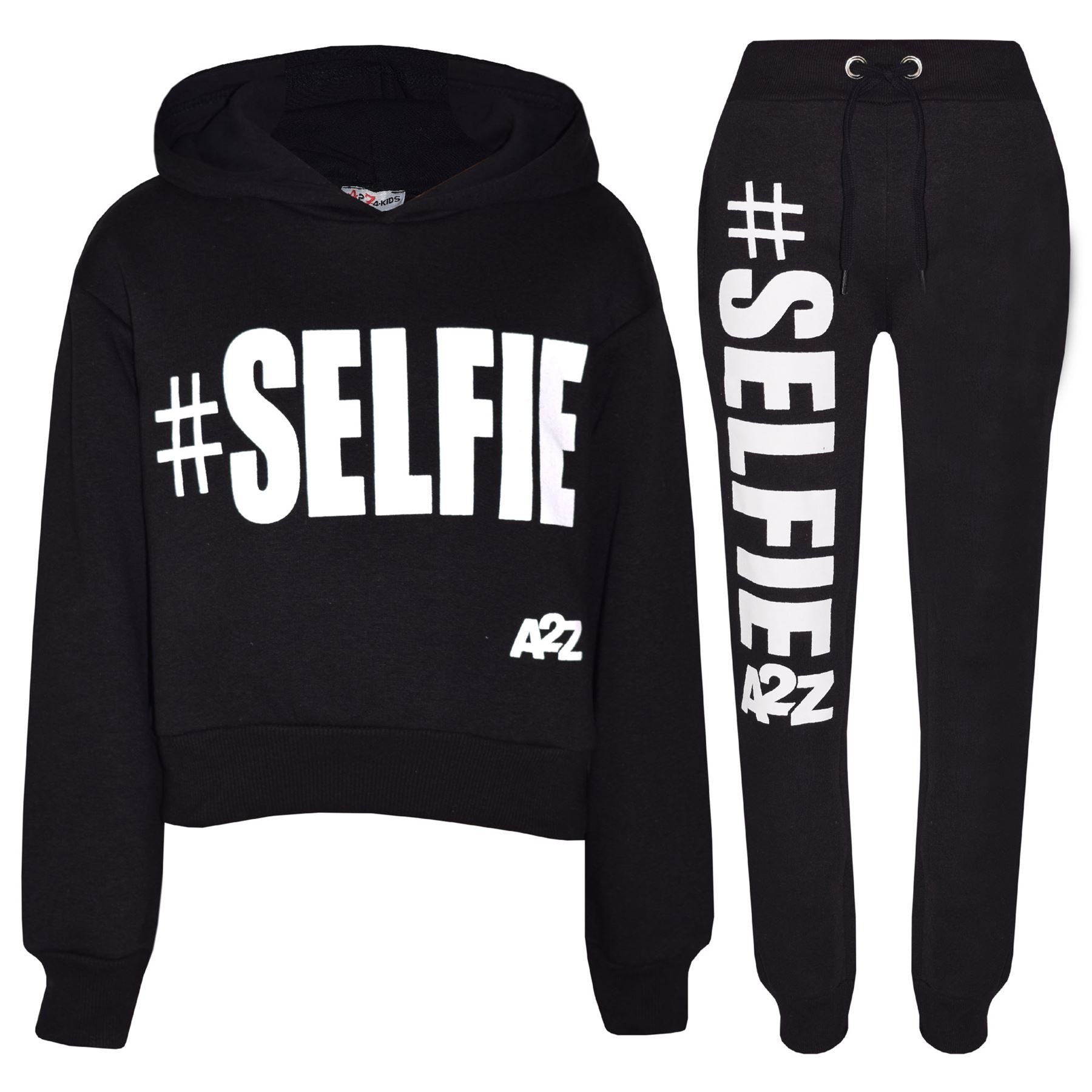 Kids Girls #Selfie Printed Hooded Crop Top & Bottom Jogging Suit