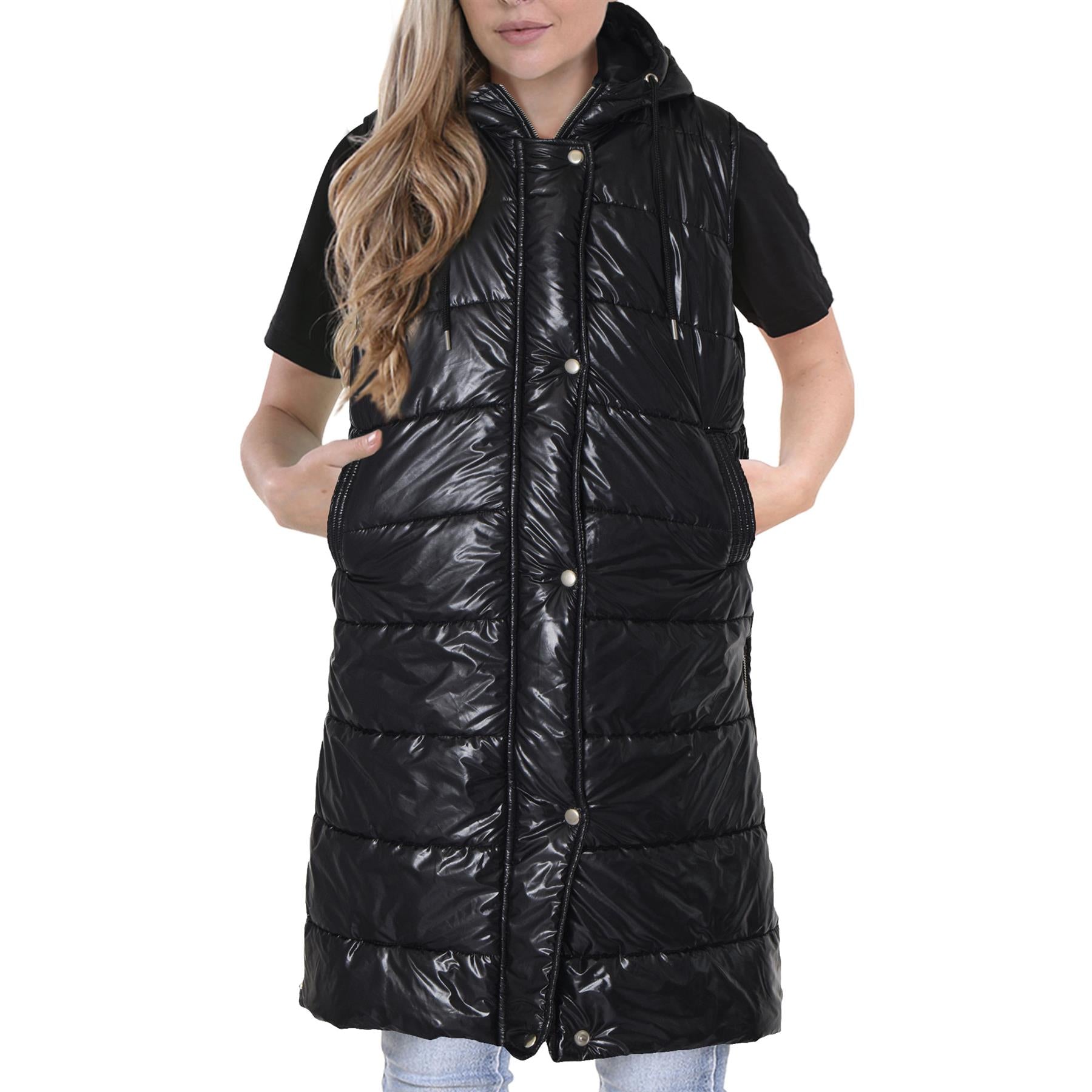 Ladies Oversized Zipped Gilet Long Line Style Wet Look Black Jacket Sleeveless Long Coat