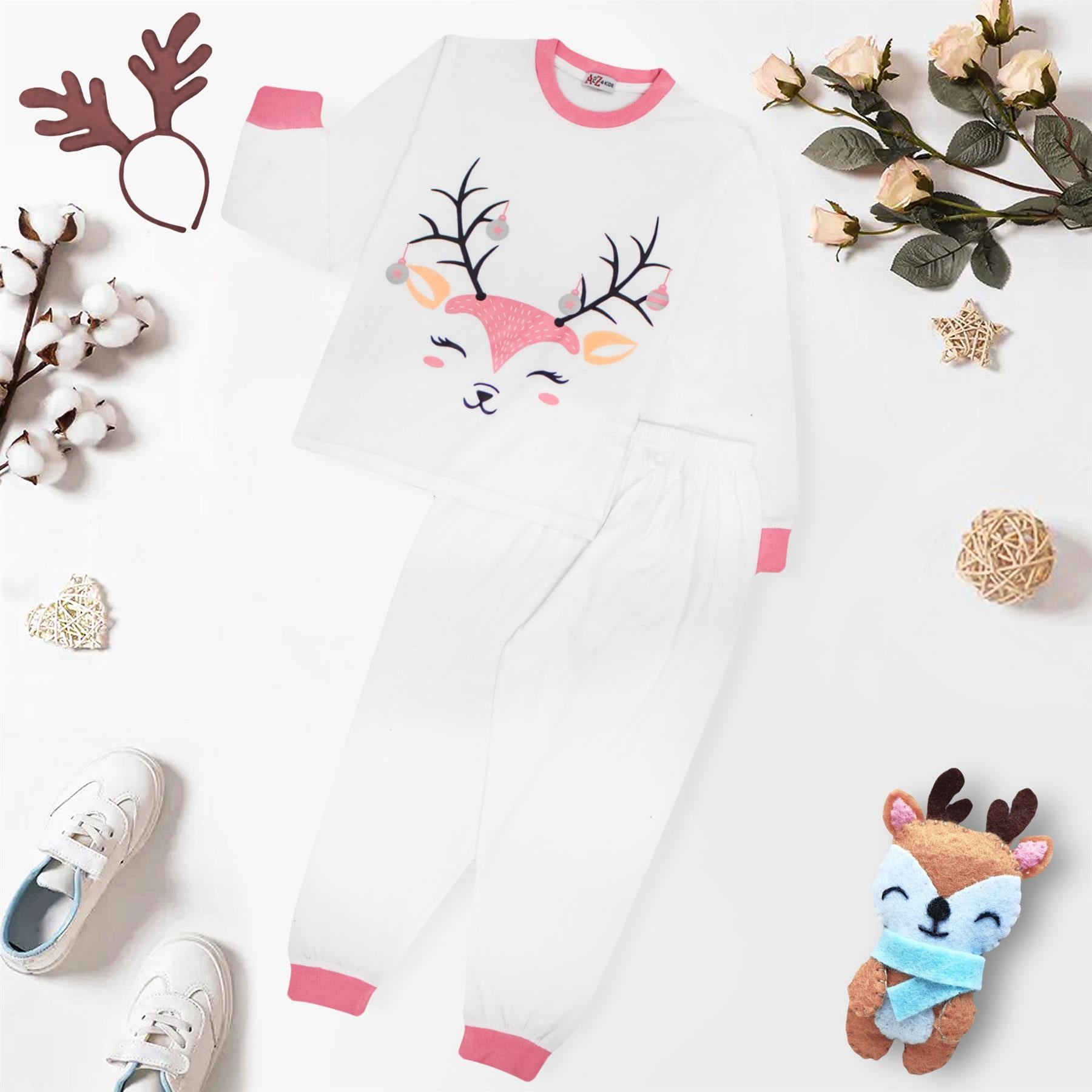 Kids Girls Christmas Pyjamas Reindeer Print White PJS 2 Piece Xmas Lounge Suit