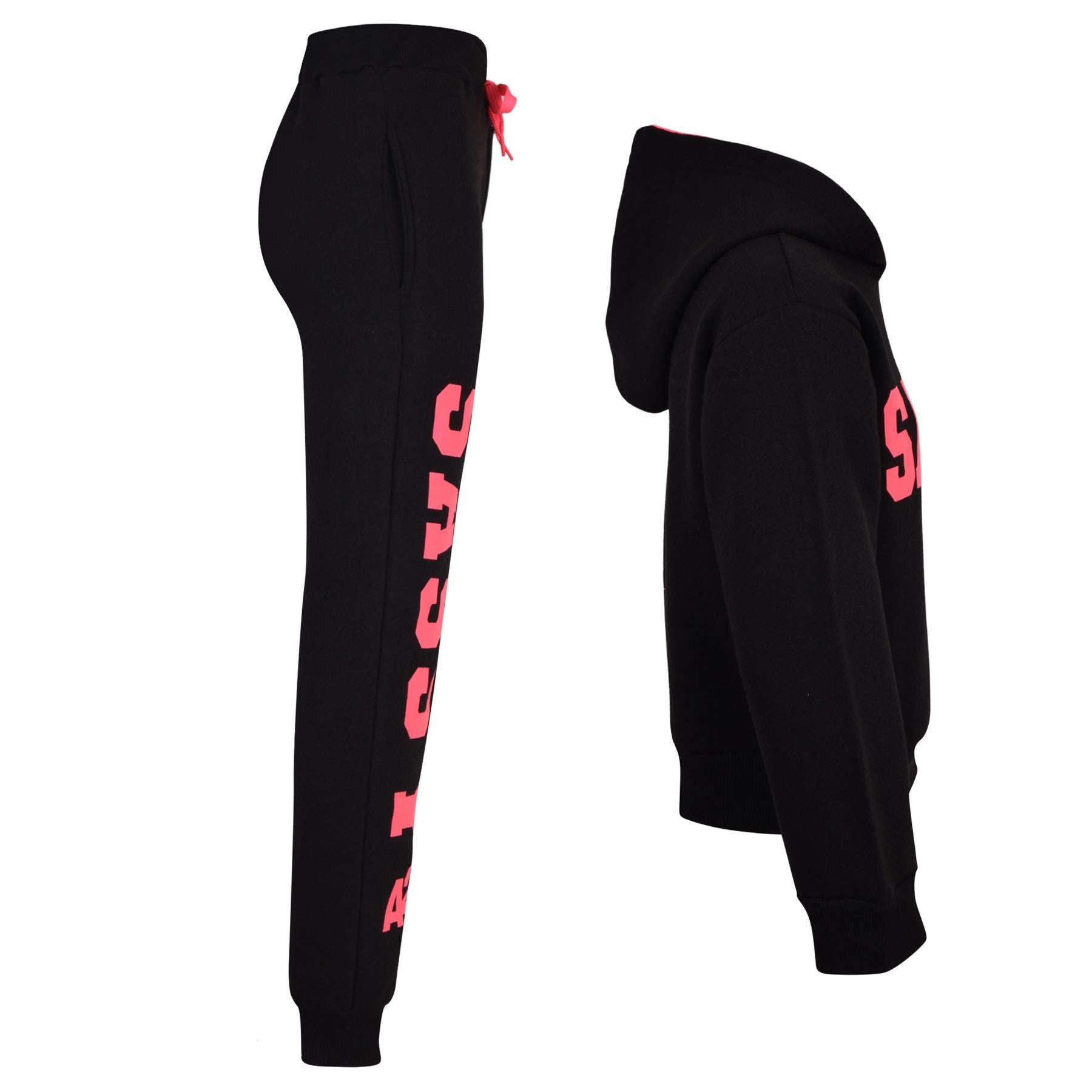 Kids Girls Sassy Print Tracksuit Black & Neon Pink Hooded Top & Bottom Jogging Suit