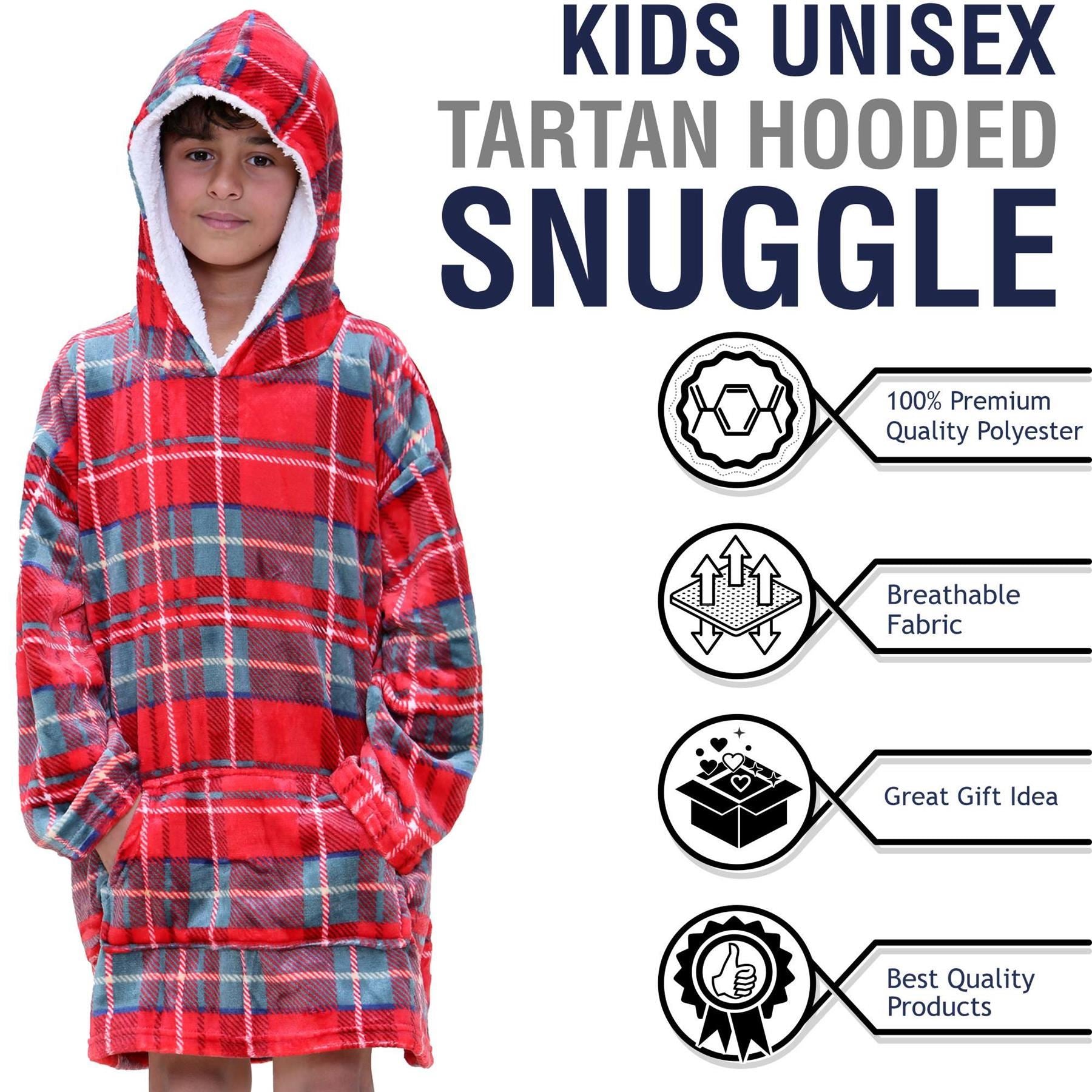 Kids Unisex Oversized Hoodie Snuggle Red Tartan Printed Fleece Blanket