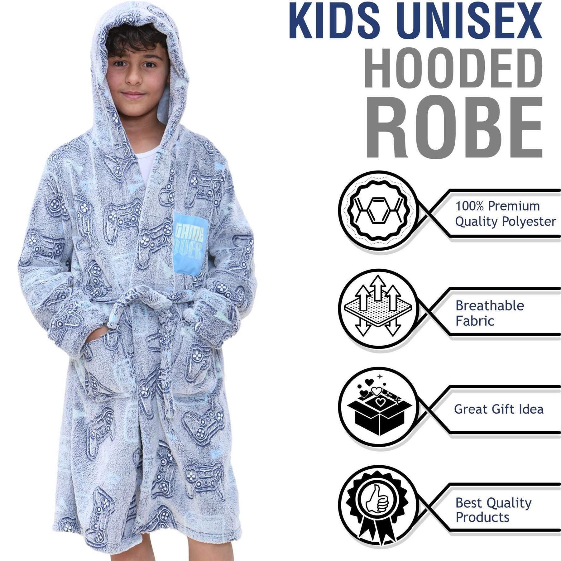 Kids Girls Boys Game Controllers Print Glow In The Dark Soft Navy Hooded Robe