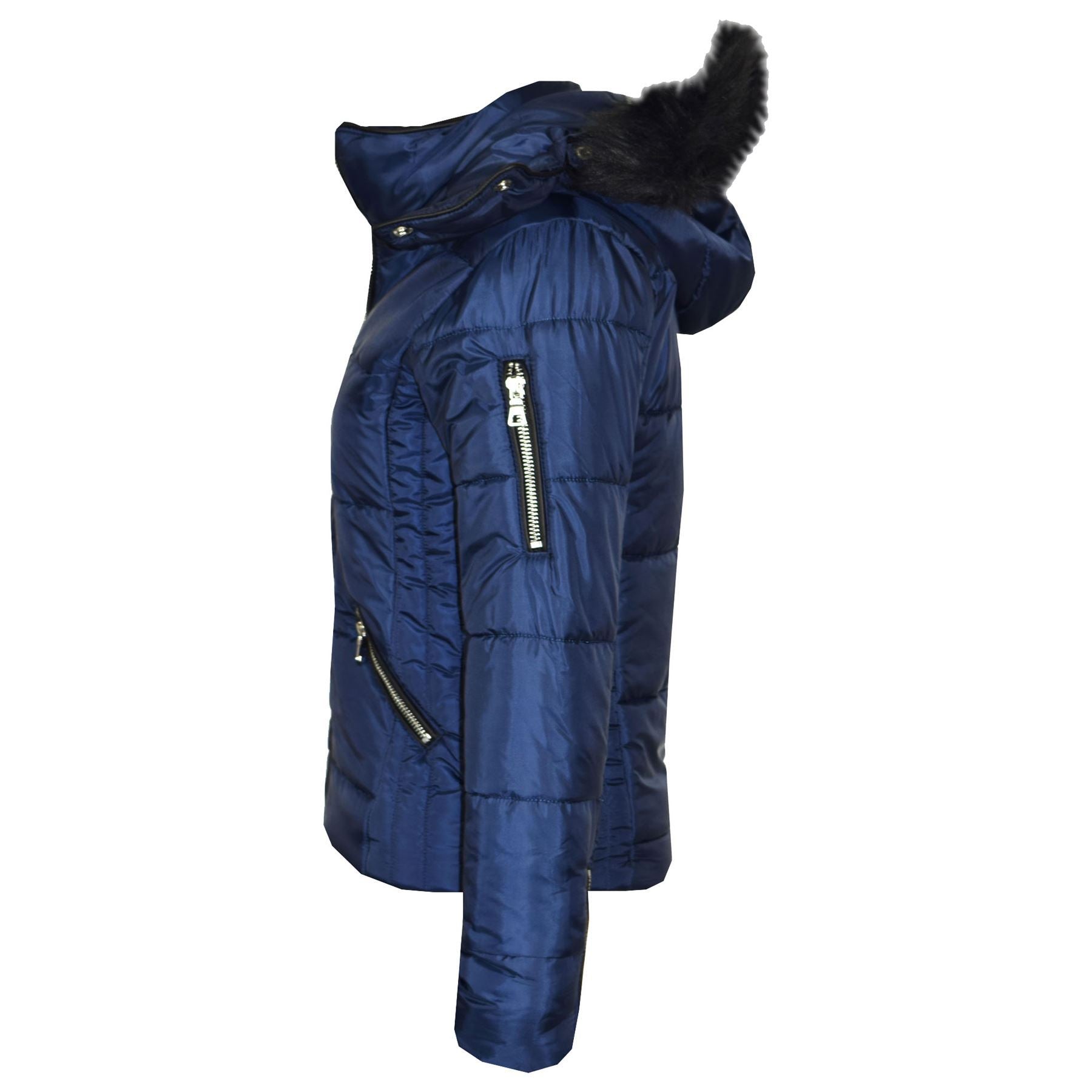 Girls Quilted Puffer Navy Faux Fur Jacket