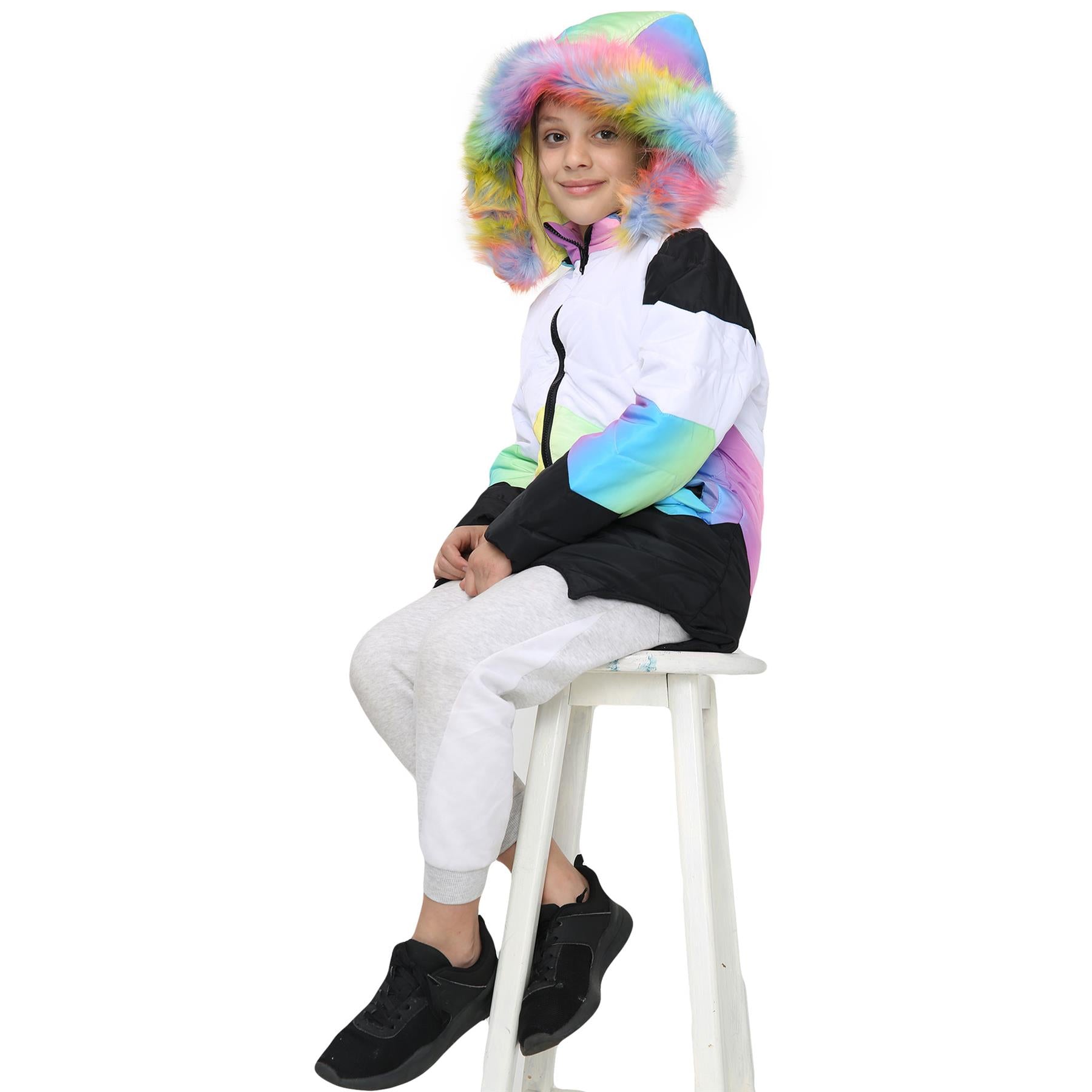 Kids Hooded Rainbow Puffer Coat Faux Fur Jacket Contrast Panel - Kids Clothing Store