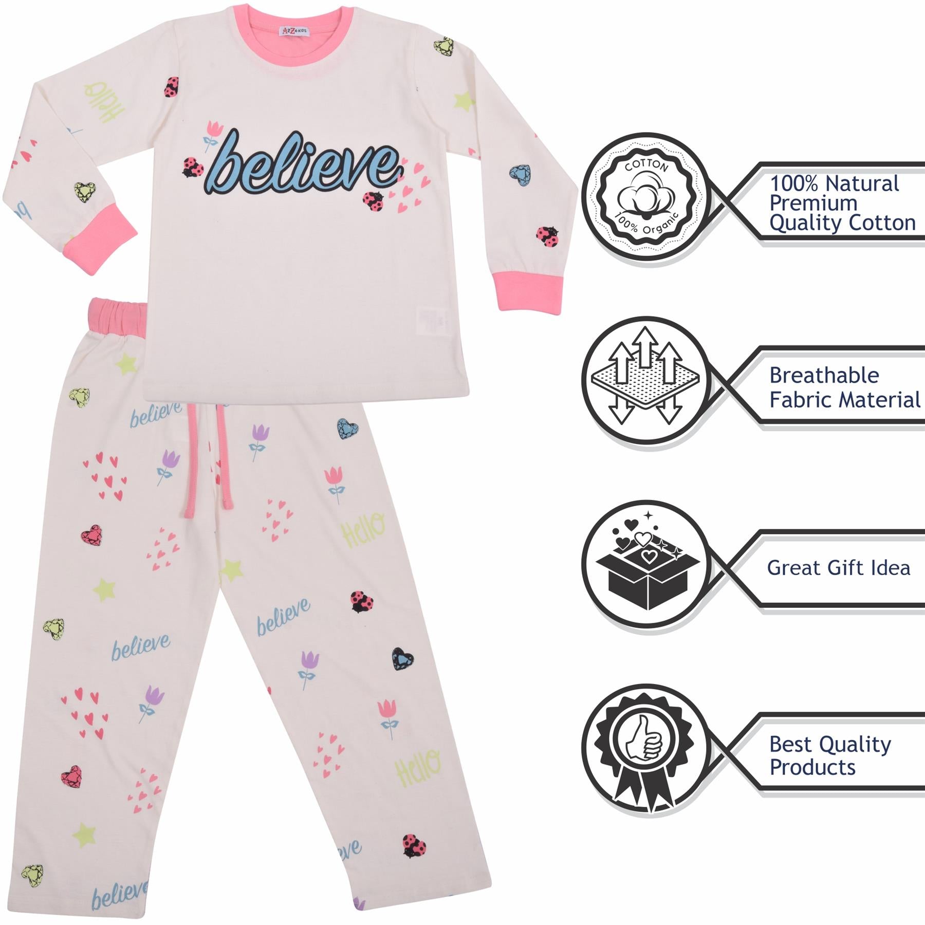 Kids Girls Believe Print White Pyjamas Set - Kids Clothing Store