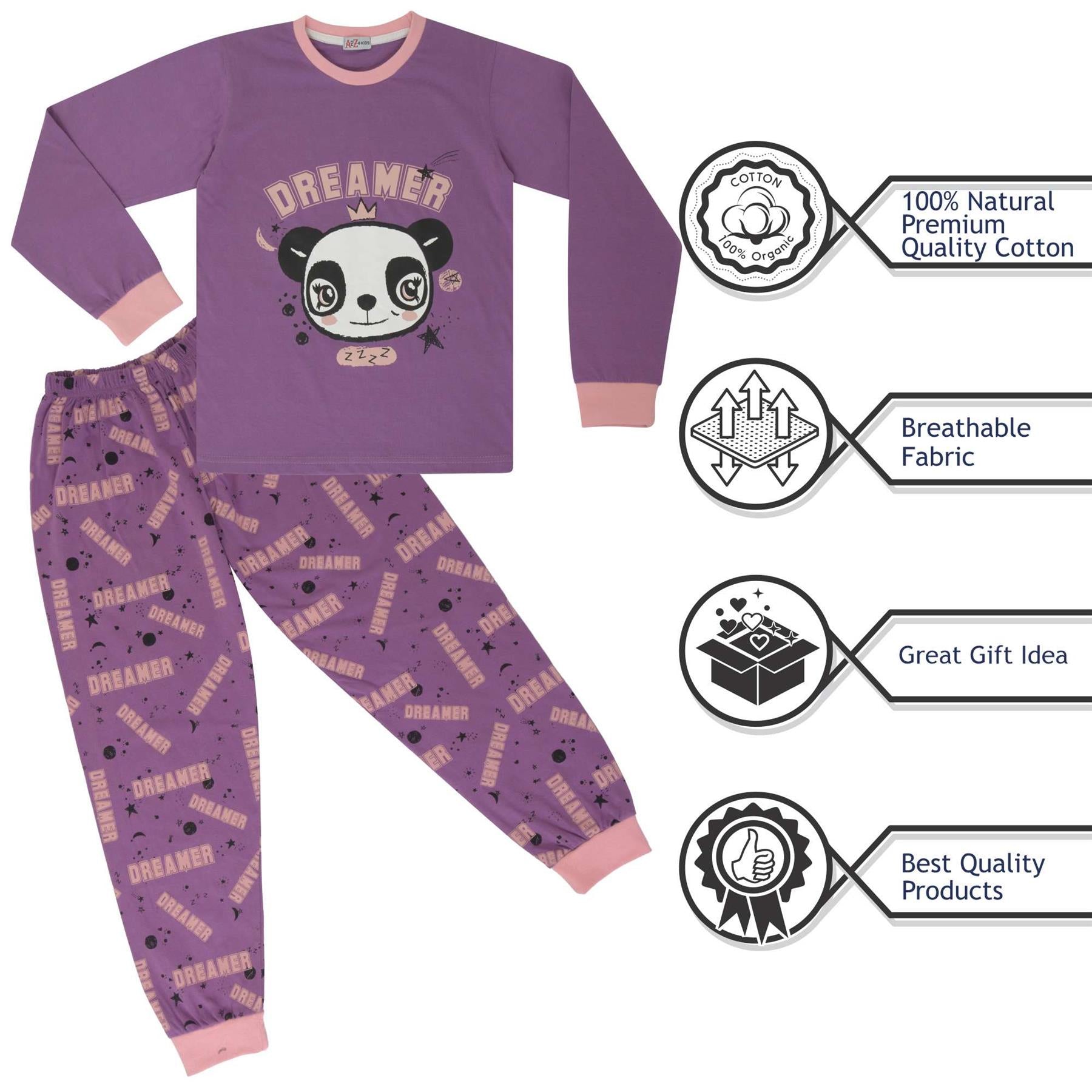 Kids Girls Pyjamas Panda Animal Dreamer Print Lilac Lounge Suit Set