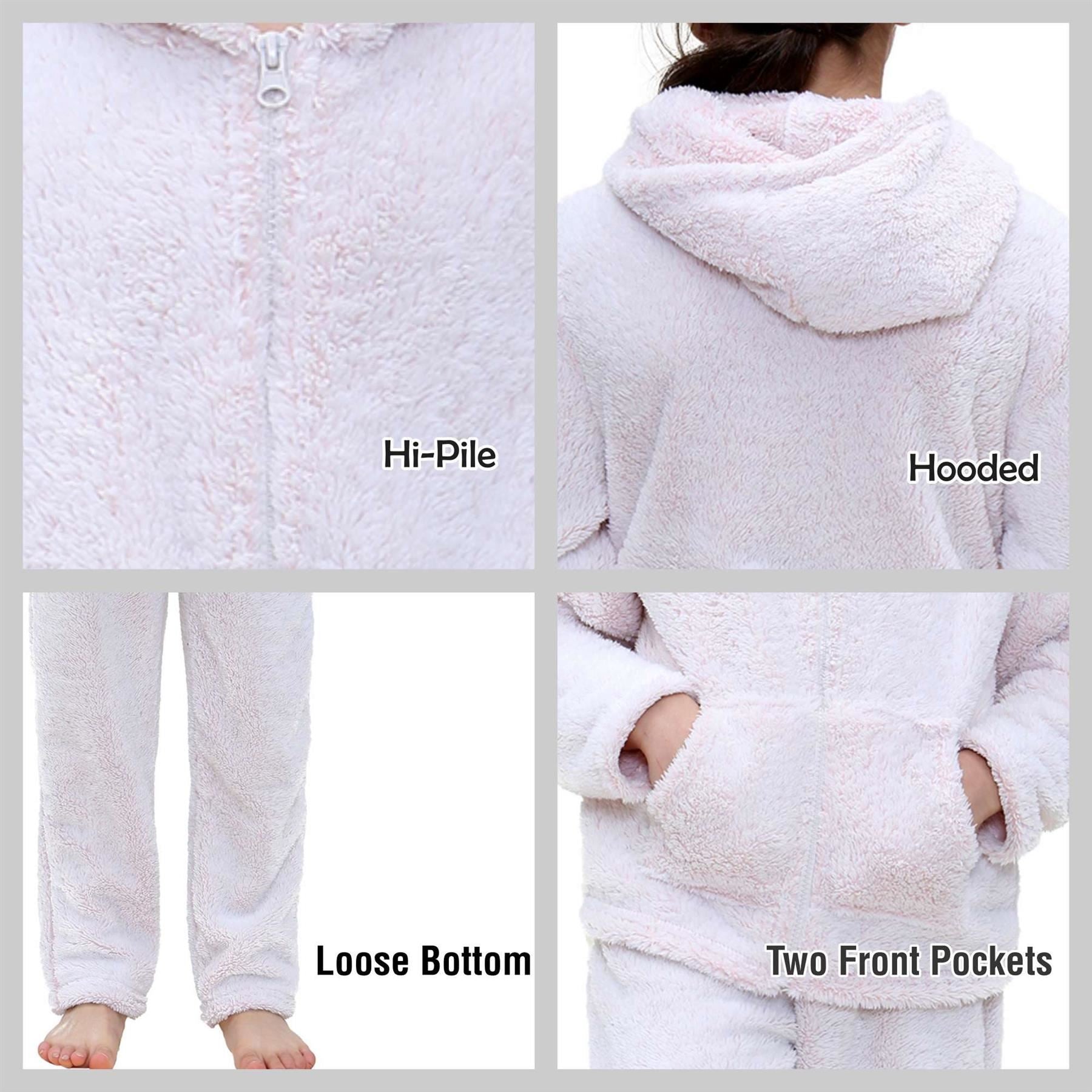 Kids Boys Girls Zipped Pink Pyjama Extra Soft Hooded Thick Pile Fleece PJS Set