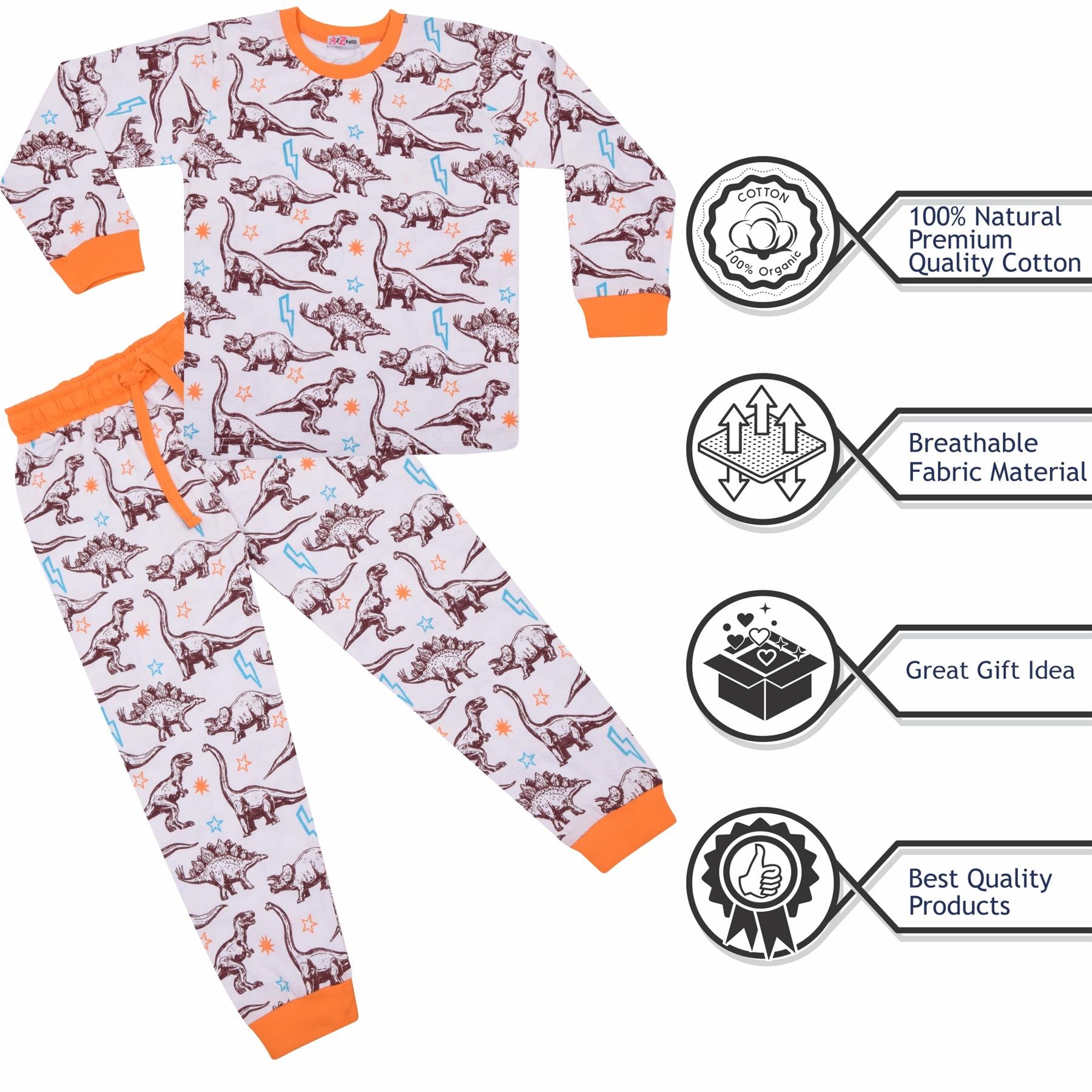 Kids Girls Boys Unisex Dinosaur Orange Print  Pyjamas Set - Kids Clothing Store