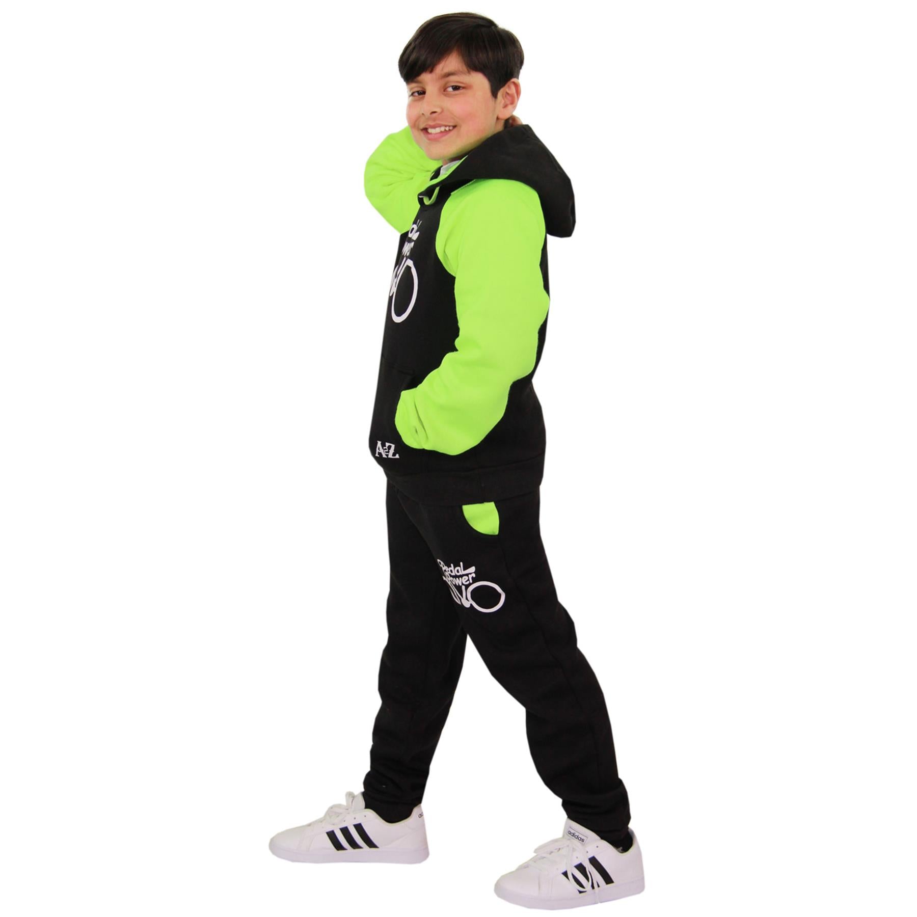 Kids Unisex Pedal Power Print Hooded Black And Neon Green Tracksuit