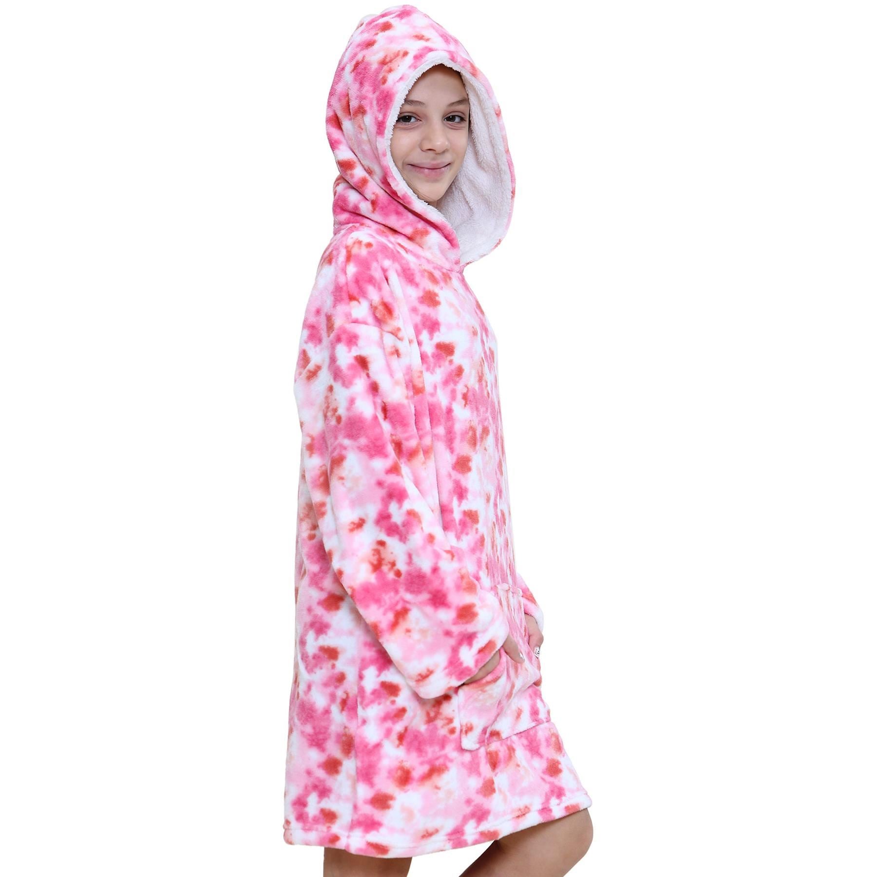 Kids Unisex Oversized Hoodie Snuggle Tie Dye Pink Printed Fleece Blanket