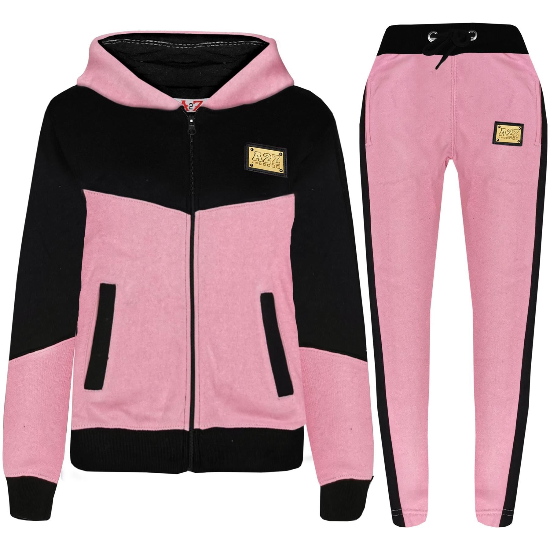 Kids Girls A2Z Contrast Panel Baby Pink Hooded Tracksuit