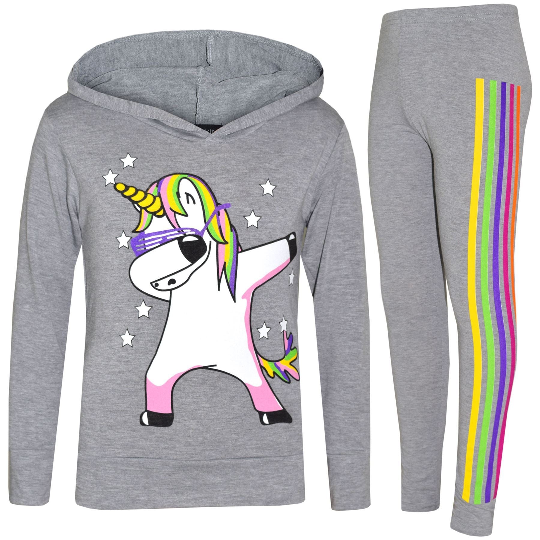 Kids Girls Rainbow Unicorn Dab Floss Hooded Top & Legging Set