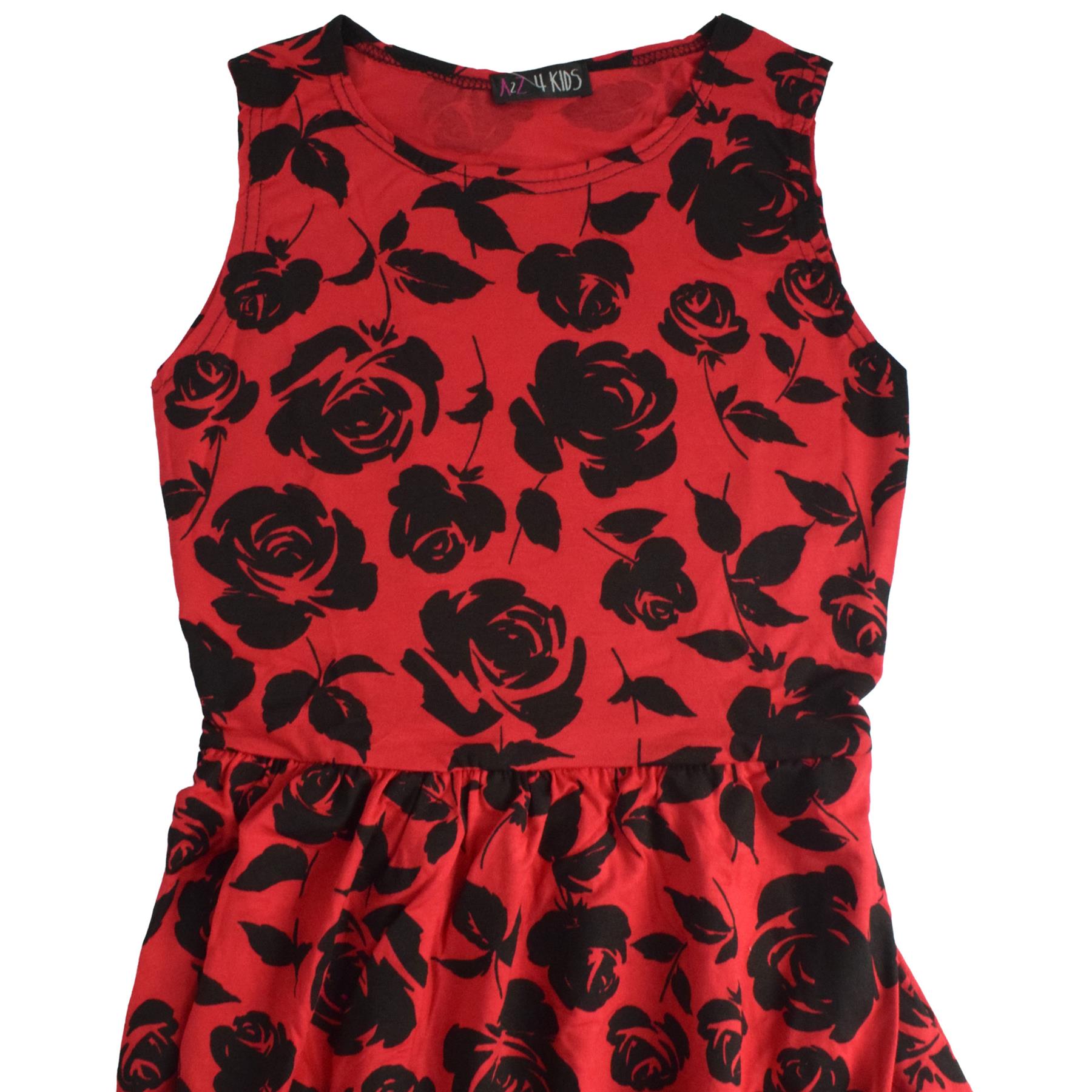 Kids Girls Skater Dress Red Sleeveless Flower Print Dance Party Summer Dress