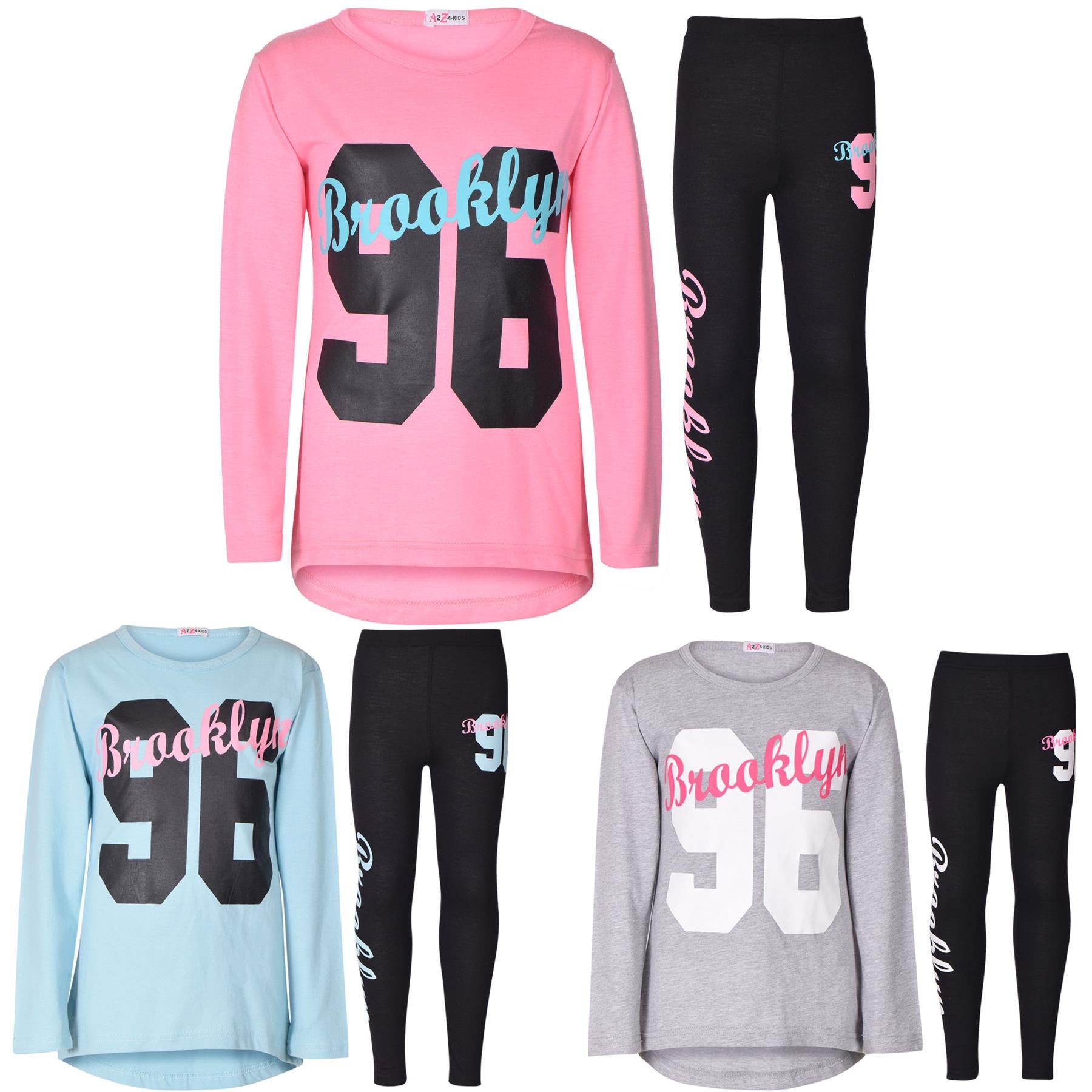 Girls Brooklyn Print Long Sleeves Contrast T Shirt Top & Legging Set