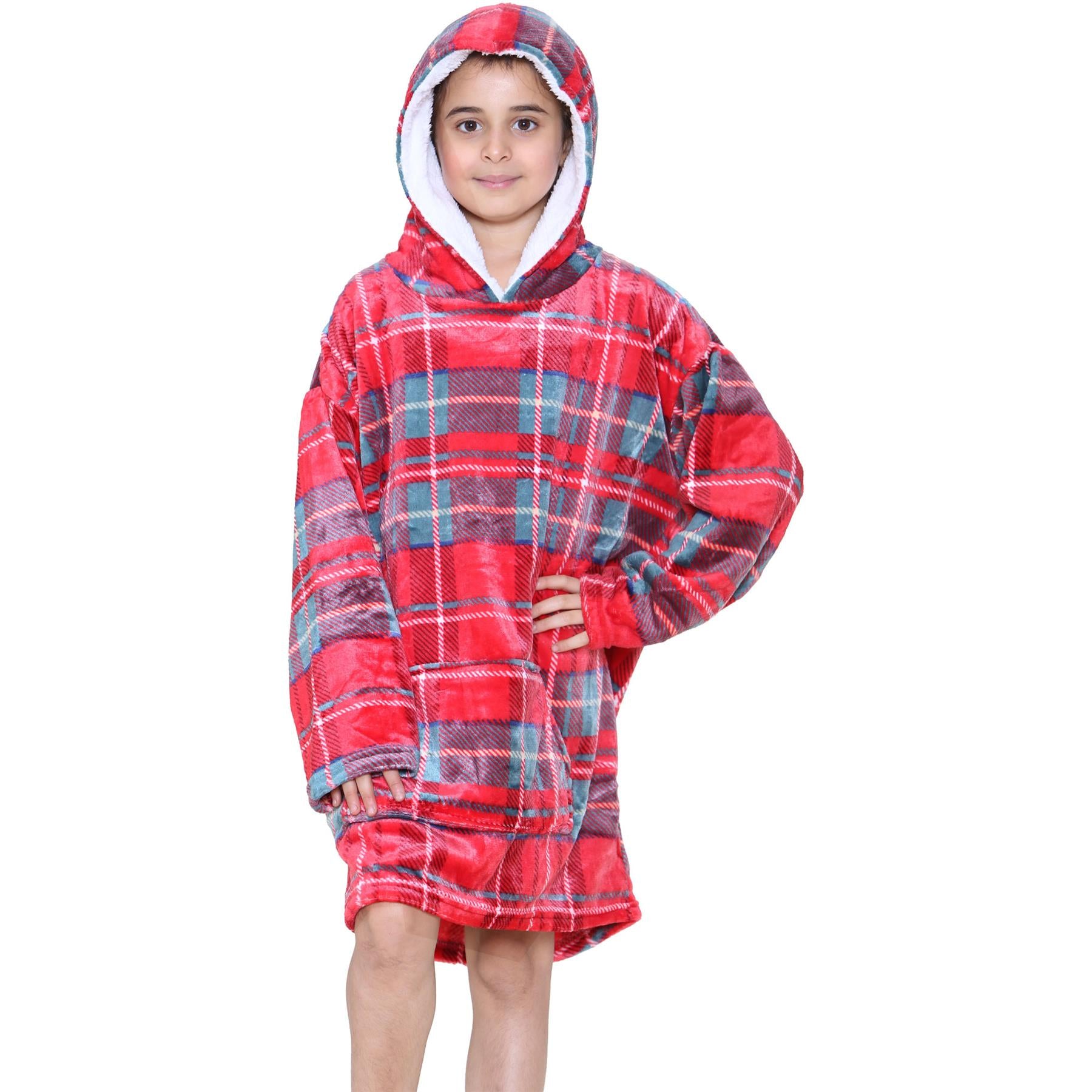 Kids Unisex Oversized Hoodie Snuggle Red Tartan Printed Fleece Blanket