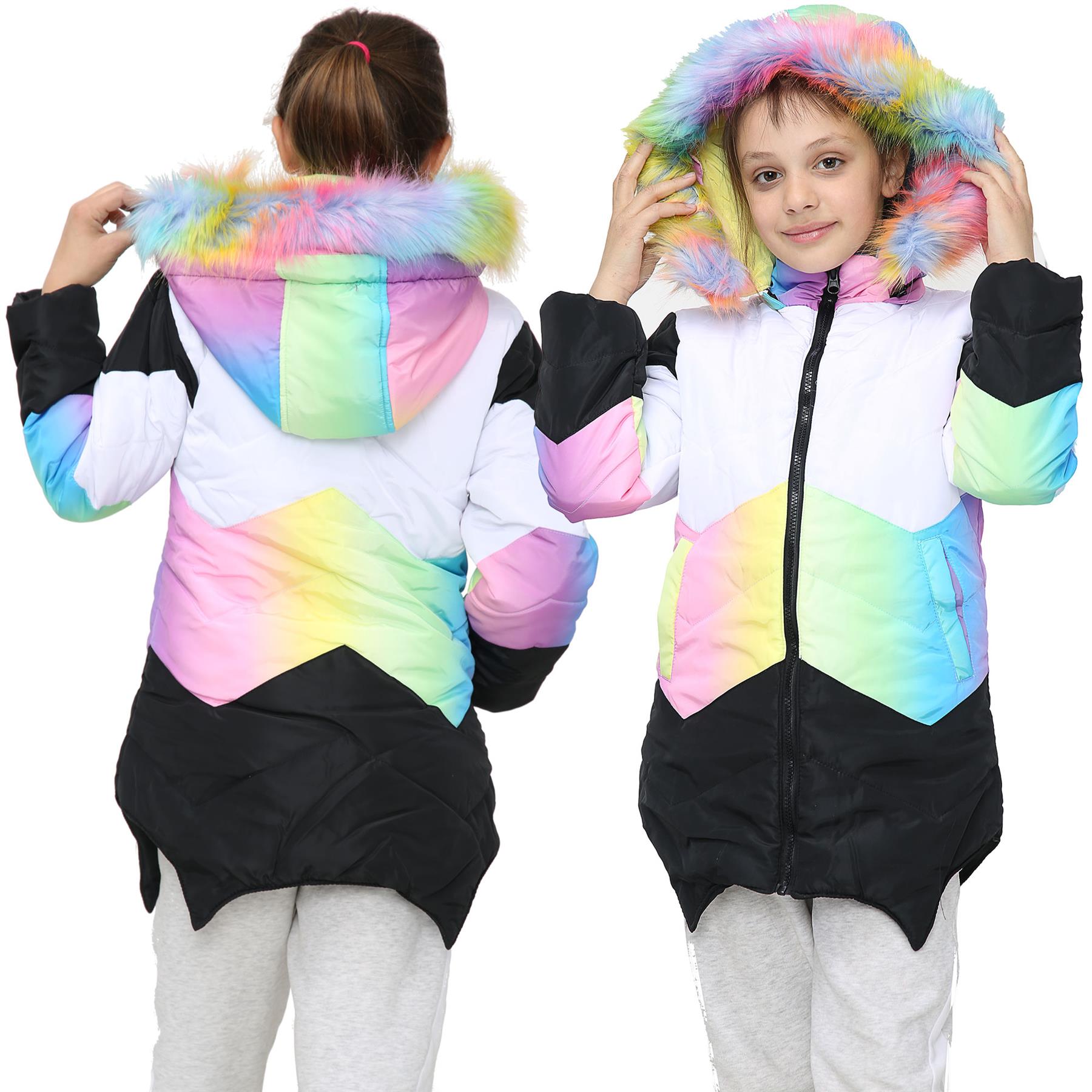 Kids Hooded Rainbow Puffer Coat Faux Fur Jacket Contrast Panel - Kids Clothing Store