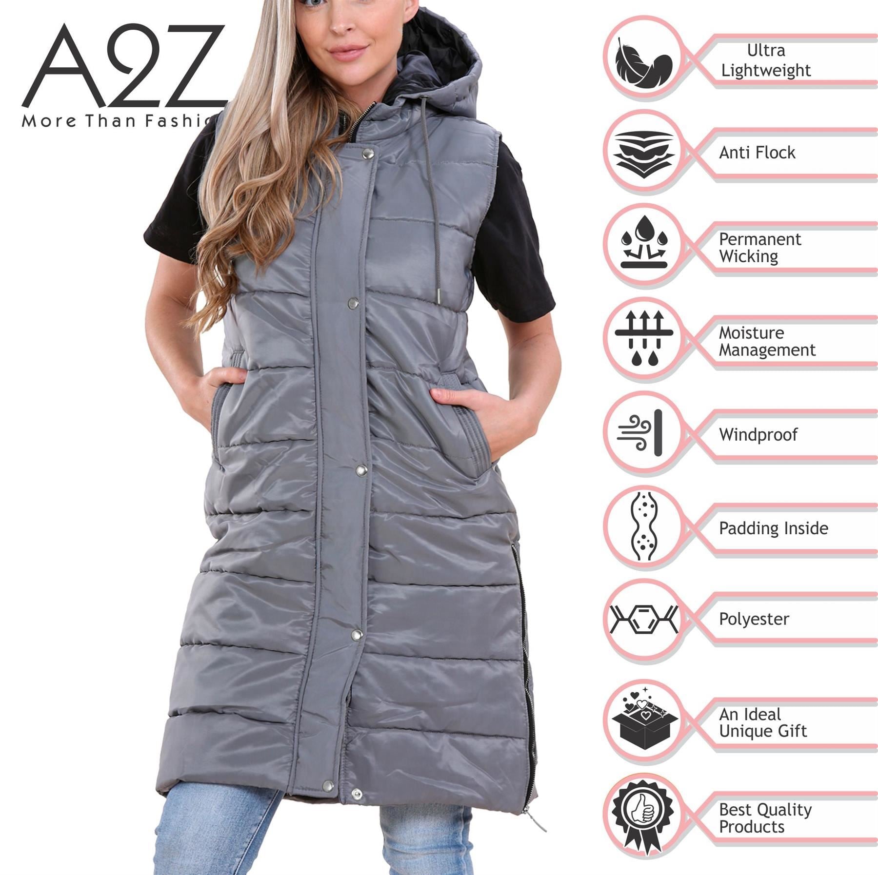 Ladies Oversized Zipped Gilet Long Line Style Steel Grey Jacket Sleeveless Long Coat