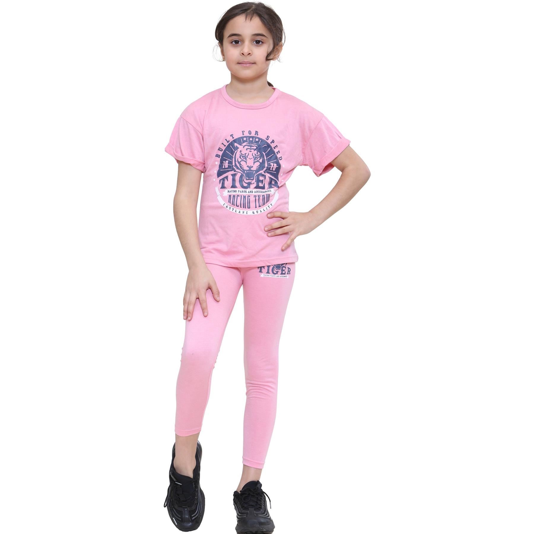 Kids Girls Tiger Racing Team Print Baby Pink T Shirt Top & Legging Set