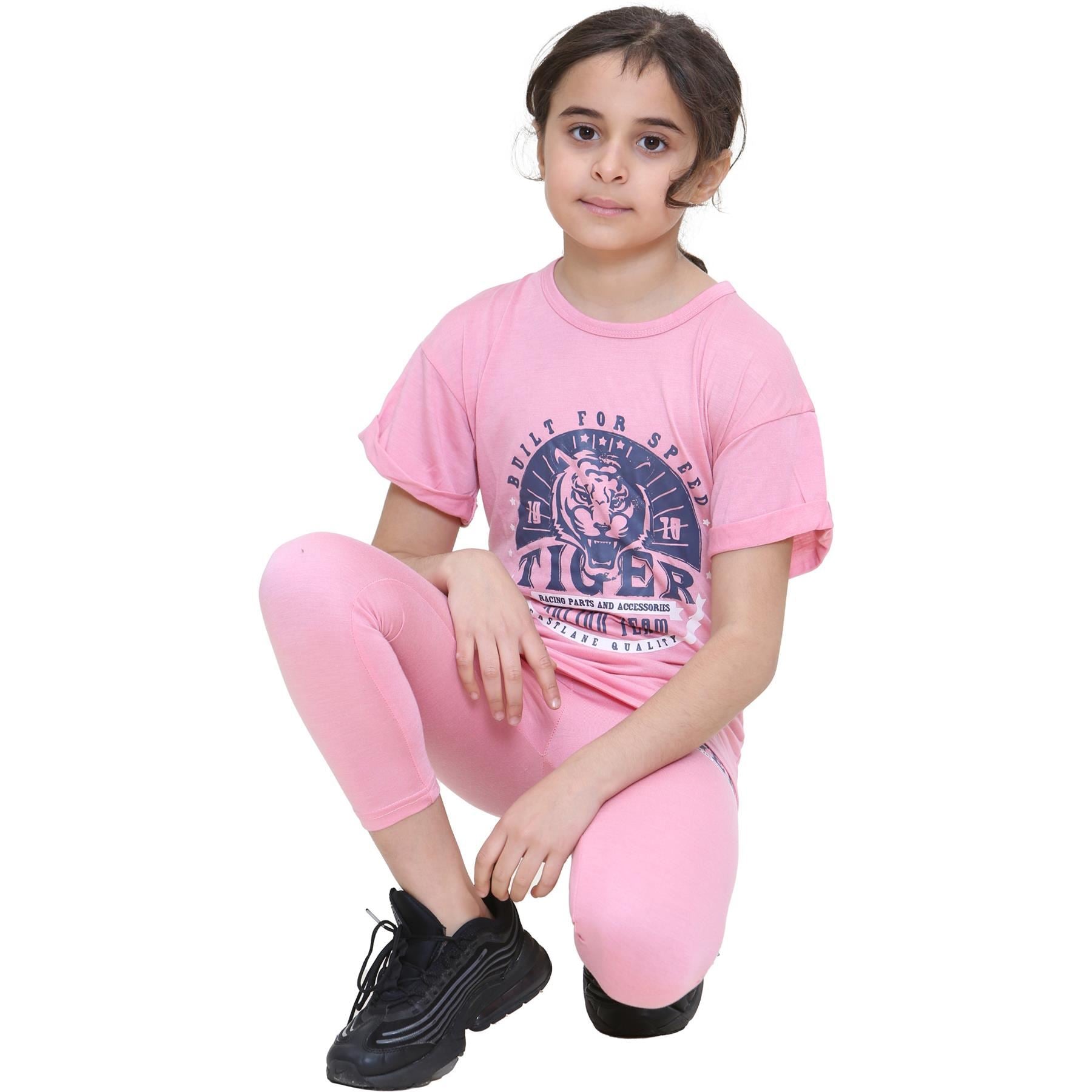 Kids Girls Tiger Racing Team Print Baby Pink T Shirt Top & Legging Set