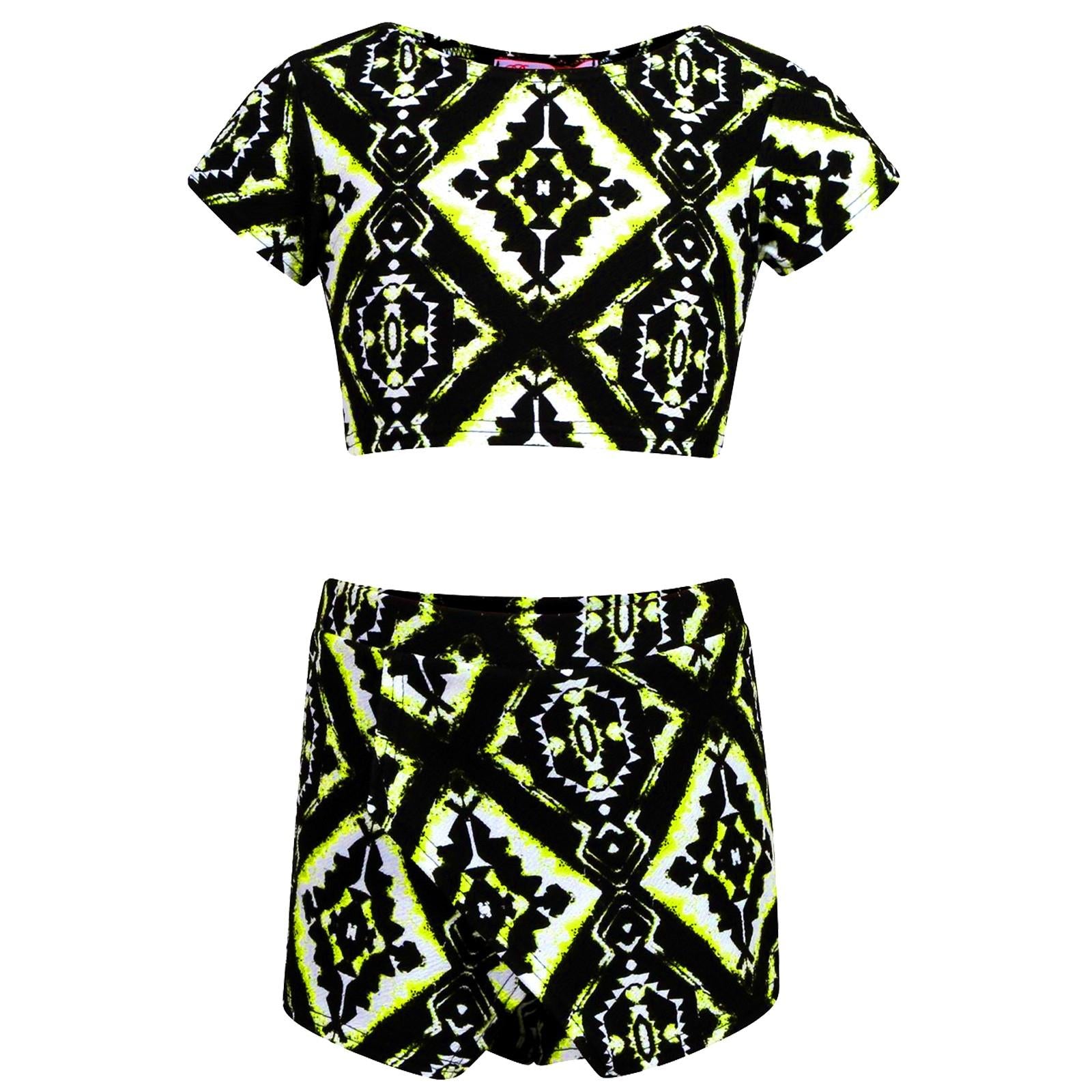 Kids Girls Tropical Aztec Floral Tribal Crop Top & Skort Set