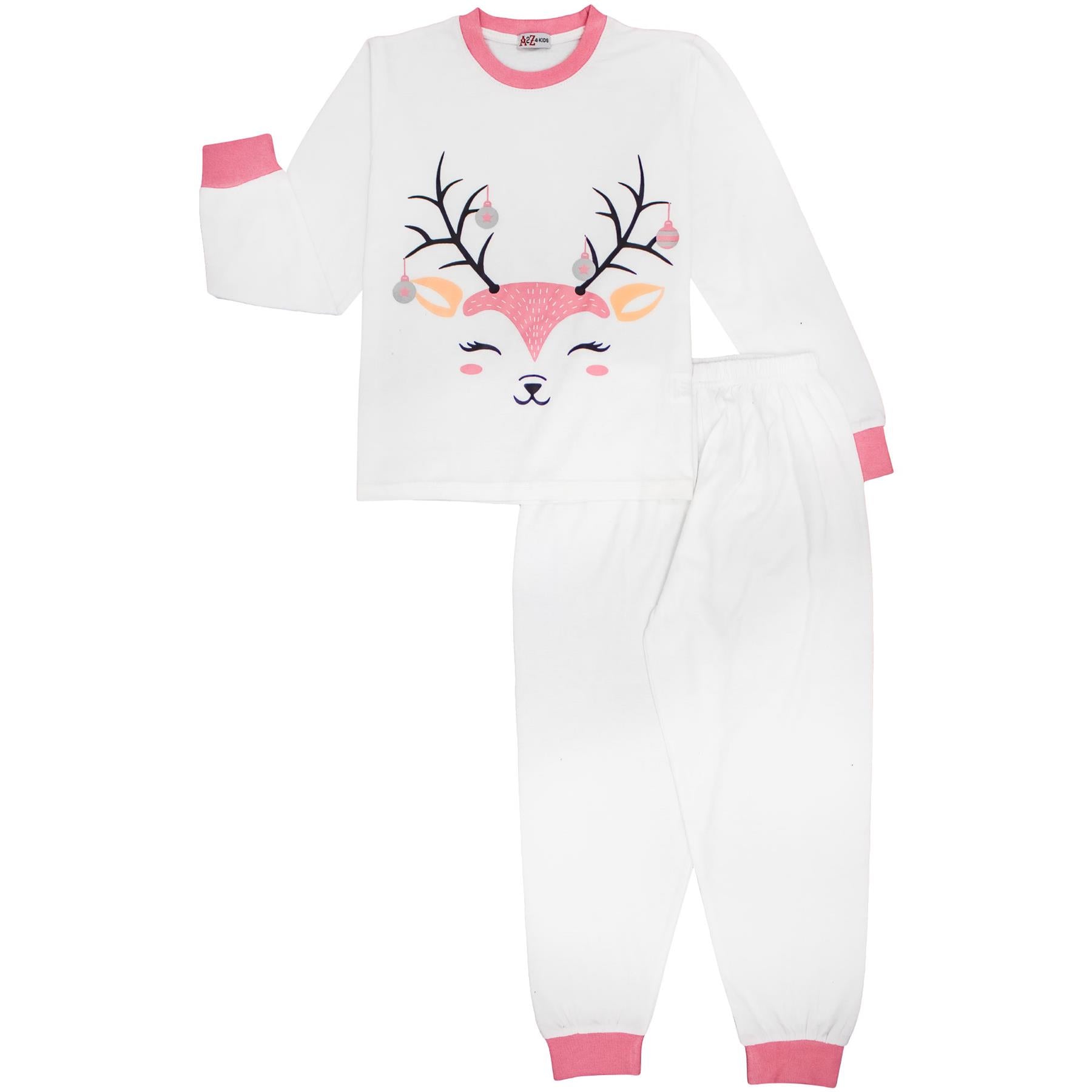 Kids Girls Christmas Pyjamas Reindeer Print White Lounge Suit