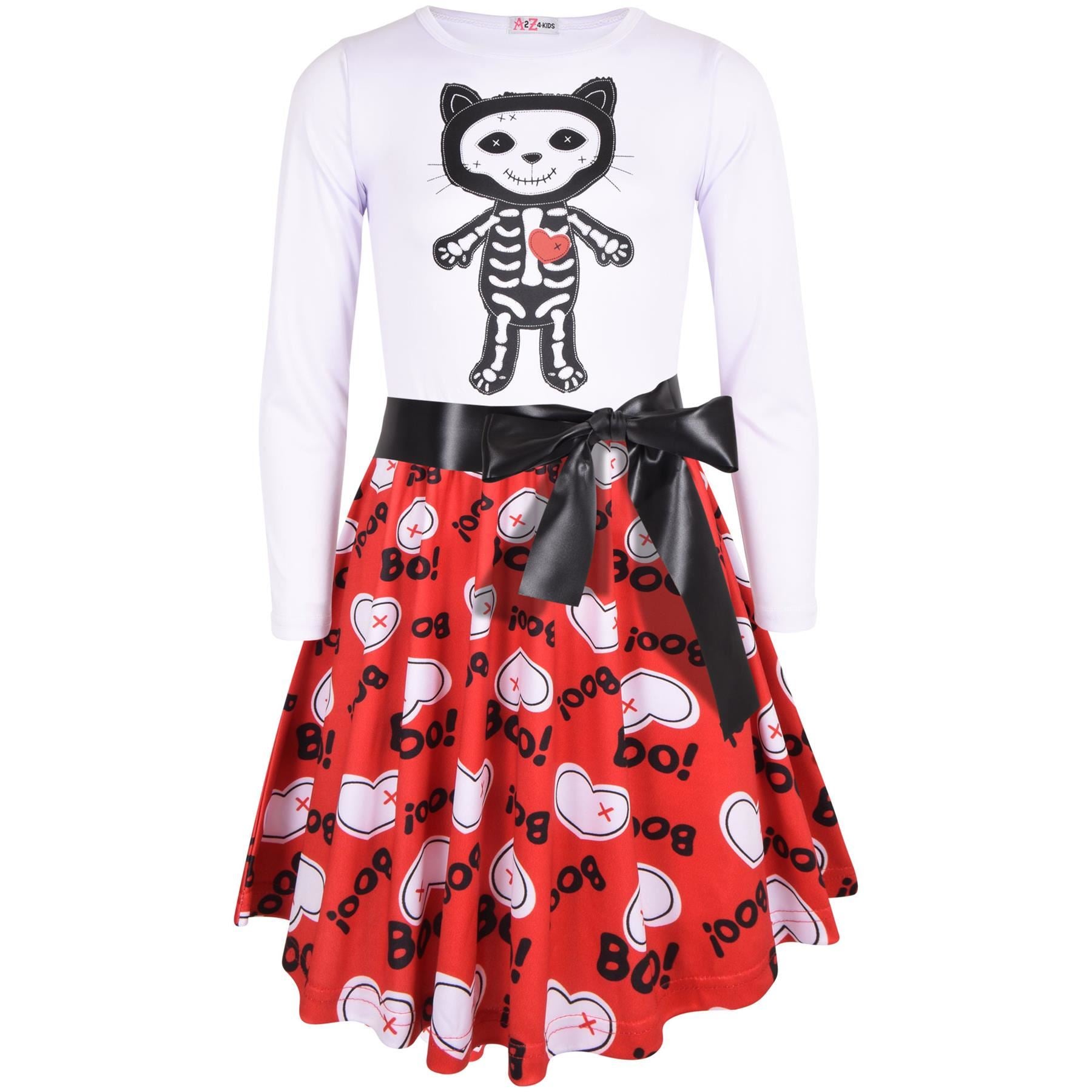 Girls Long Sleeves White Panelled Cat Skeleton Print Halloween Skater Dress