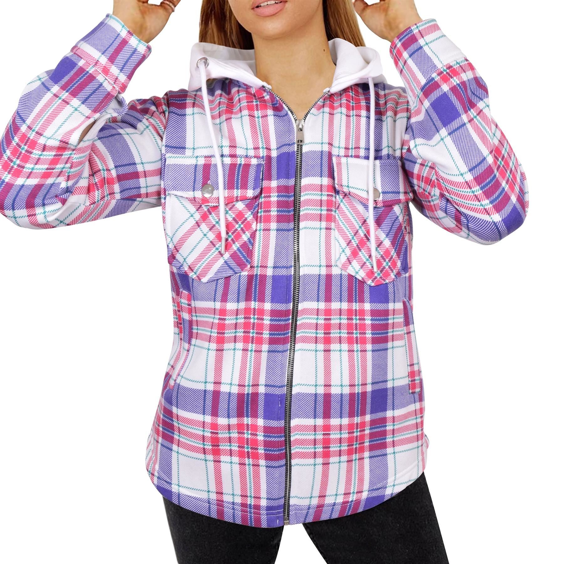 Ladies Shacket Purple Checked Print Oversize Hooded Coat For Women