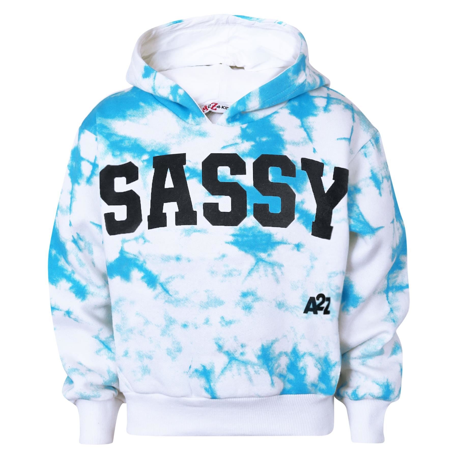 Kids Girls Tie Dye Tracksuit "SASSY" Print Blue Hooded Crop Jogging Suit