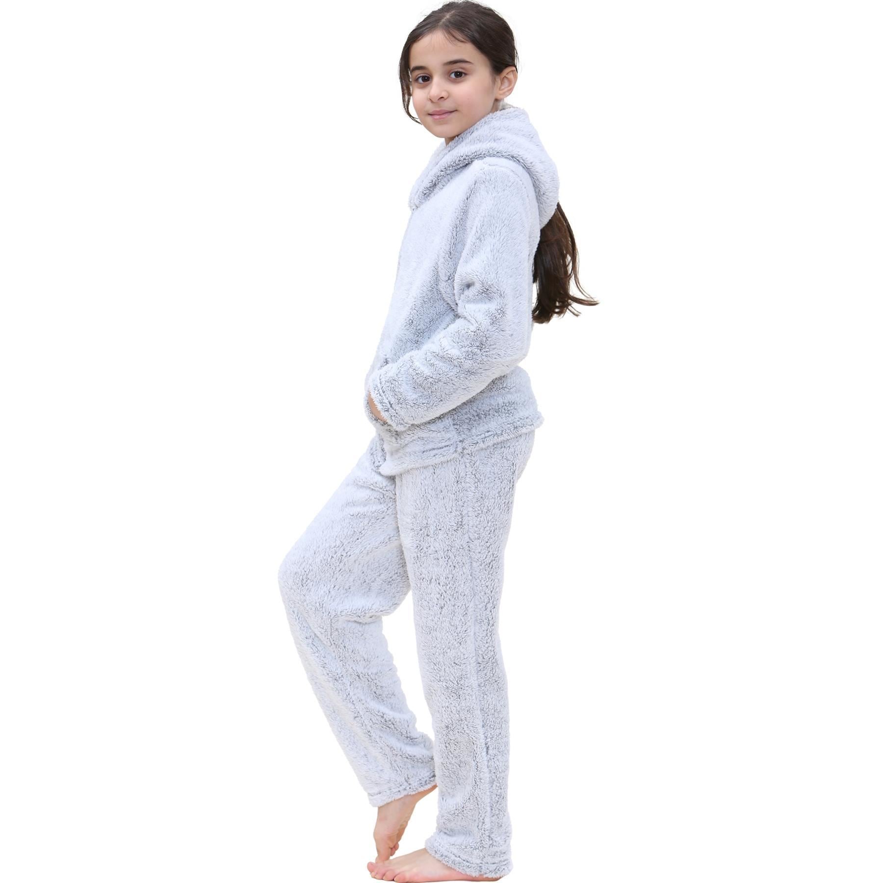 Kids Boys Girls Zipped Grey Pyjama Extra Soft Hooded Thick Pile Fleece PJS Set