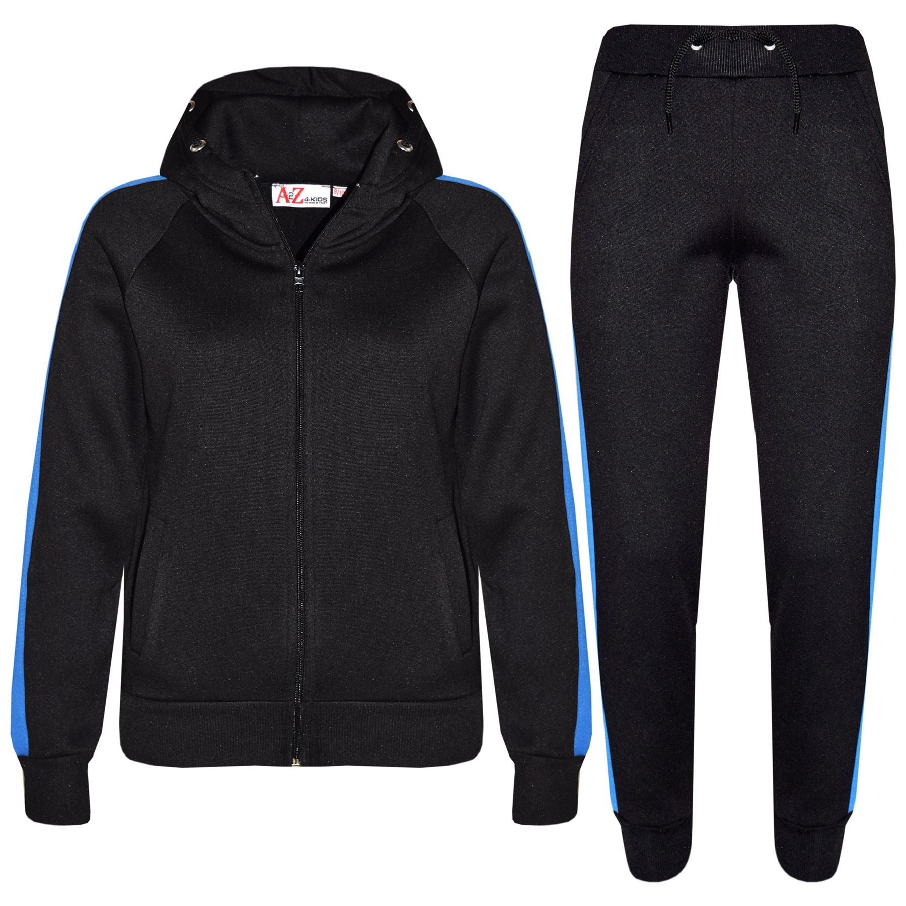 Unisex Black & Blue Jogging Plain Fleece Hooded Tracksuit