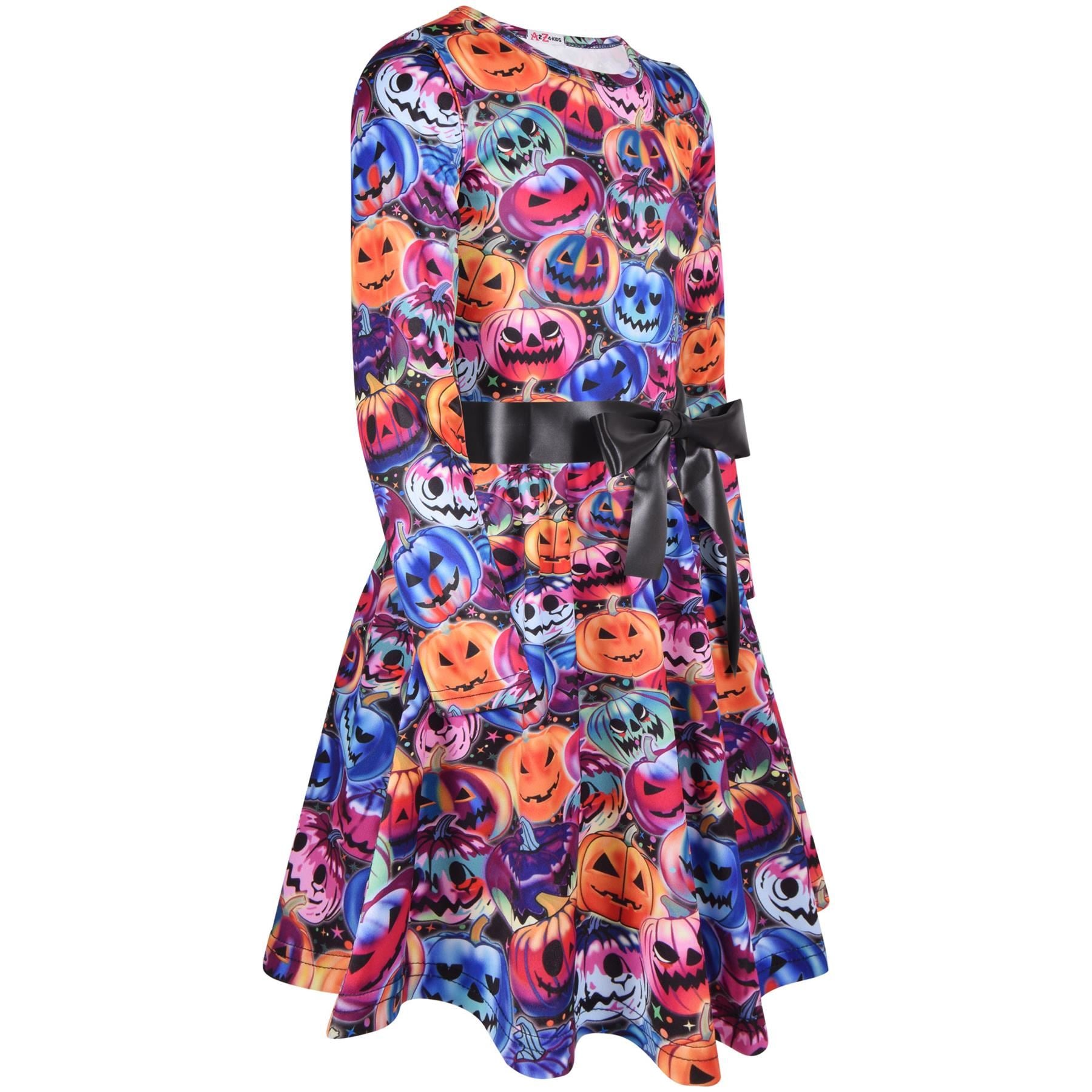 Girls Long Sleeves Multi Color Pumpkins Print Halloween Skater Dress