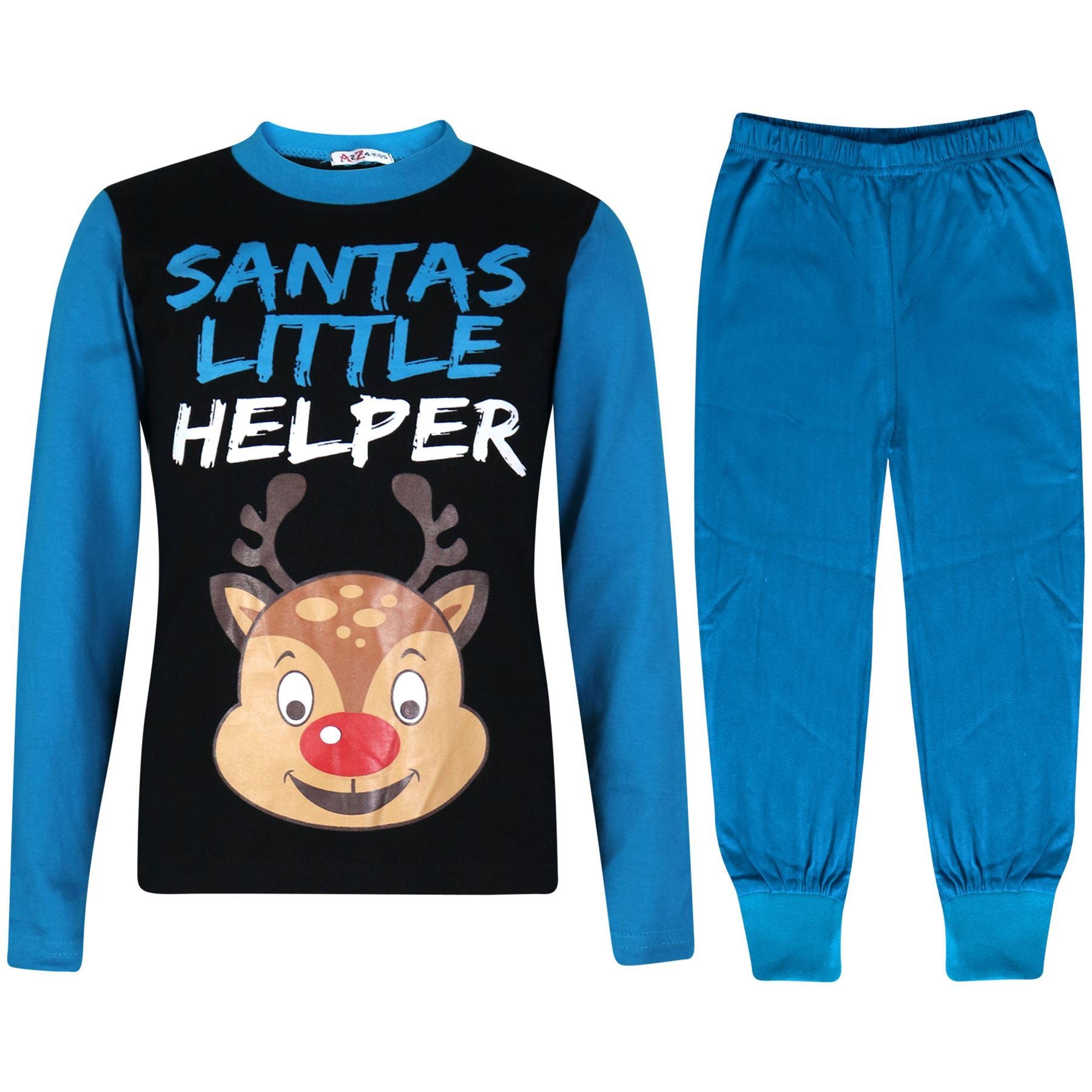 Kids Boys Girls Pyjamas Santas Little Helper Blue Xmas