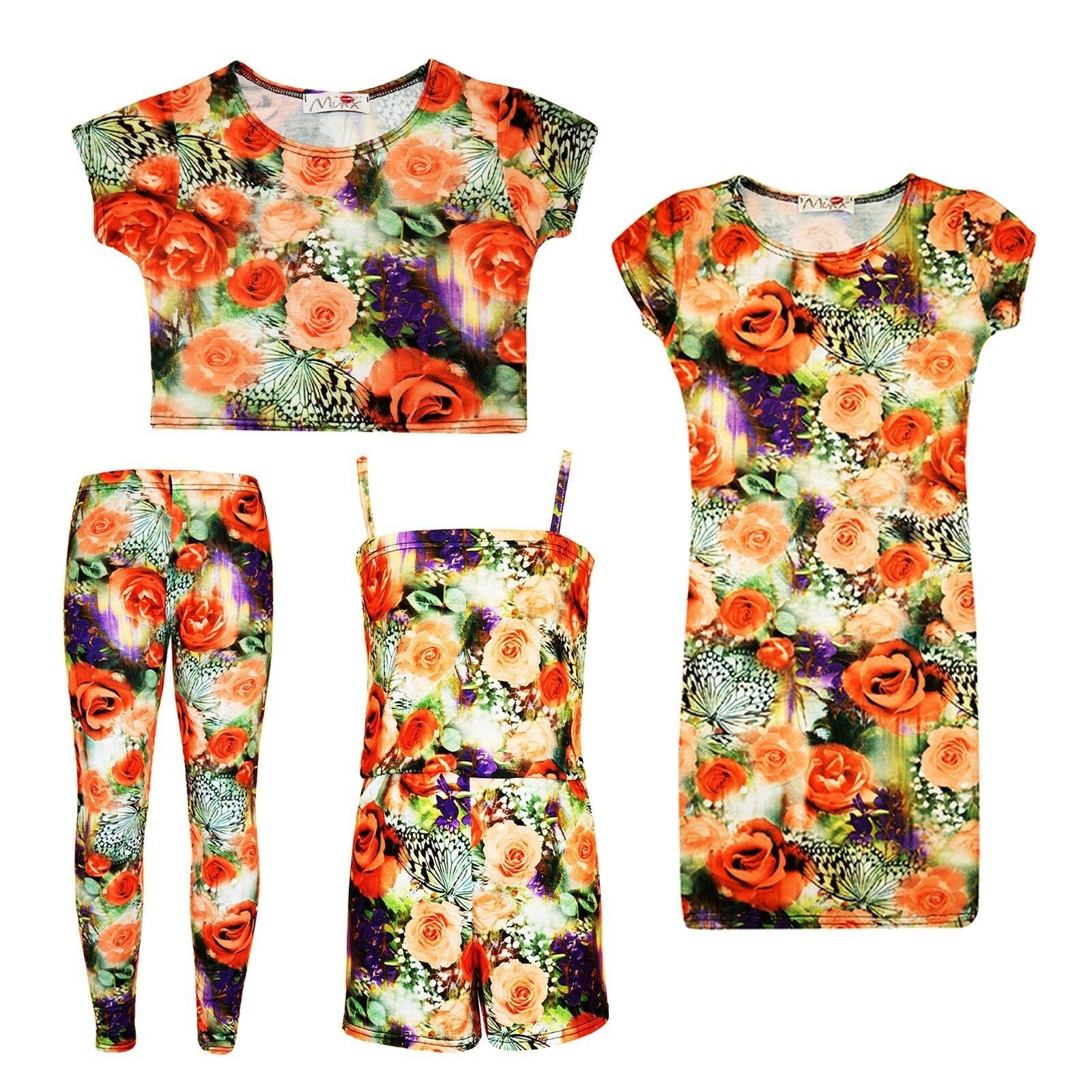 Kids Girls Roses Floral Print Midi Dress Crop Top Legging & Playsuit