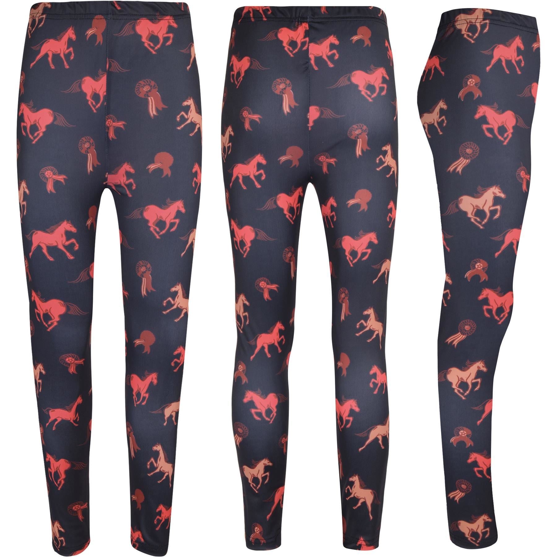 Kids Girls Horses Print Soft Stretchy Black Leggings