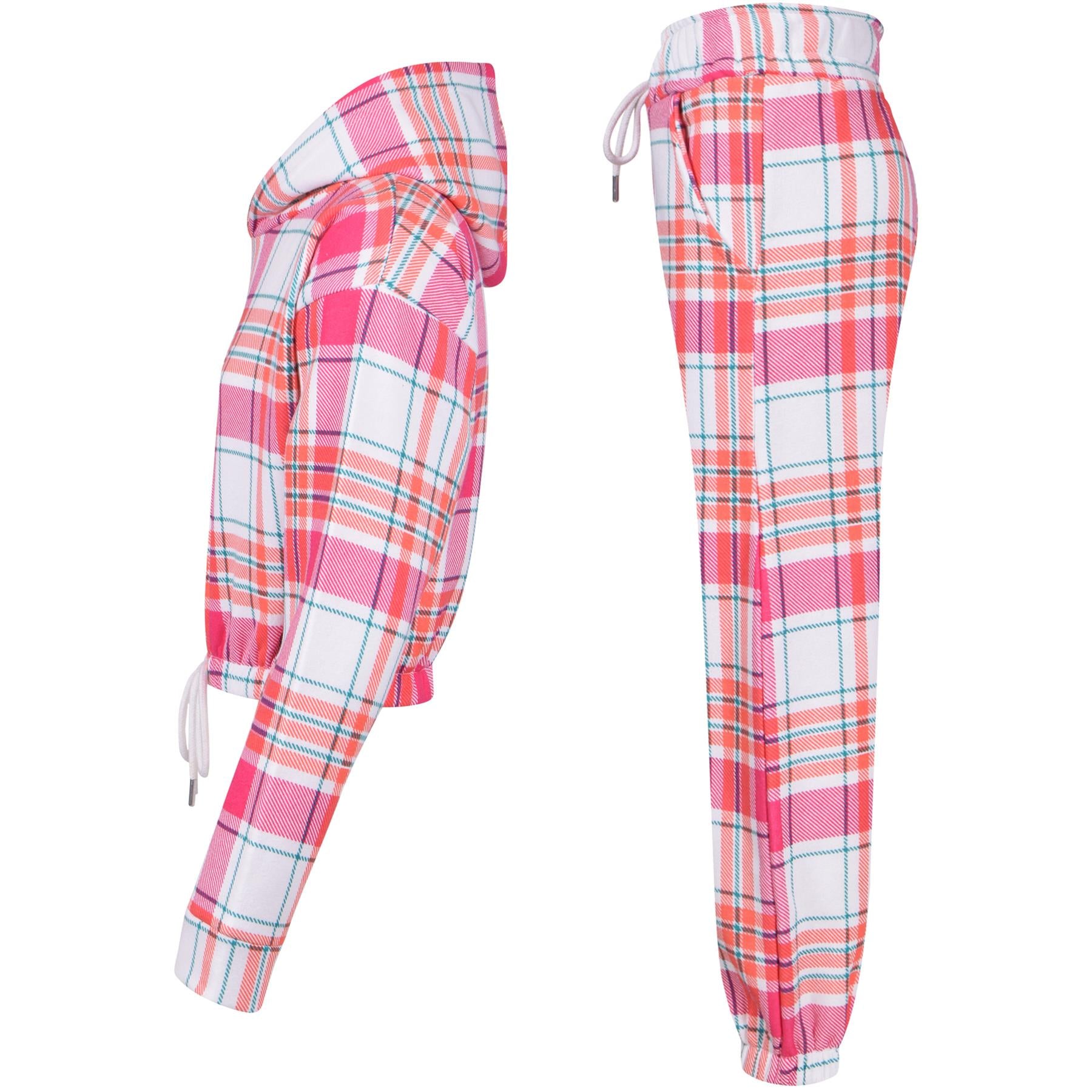 Girls Pink Check Print Cropped Hooded Tracksuit