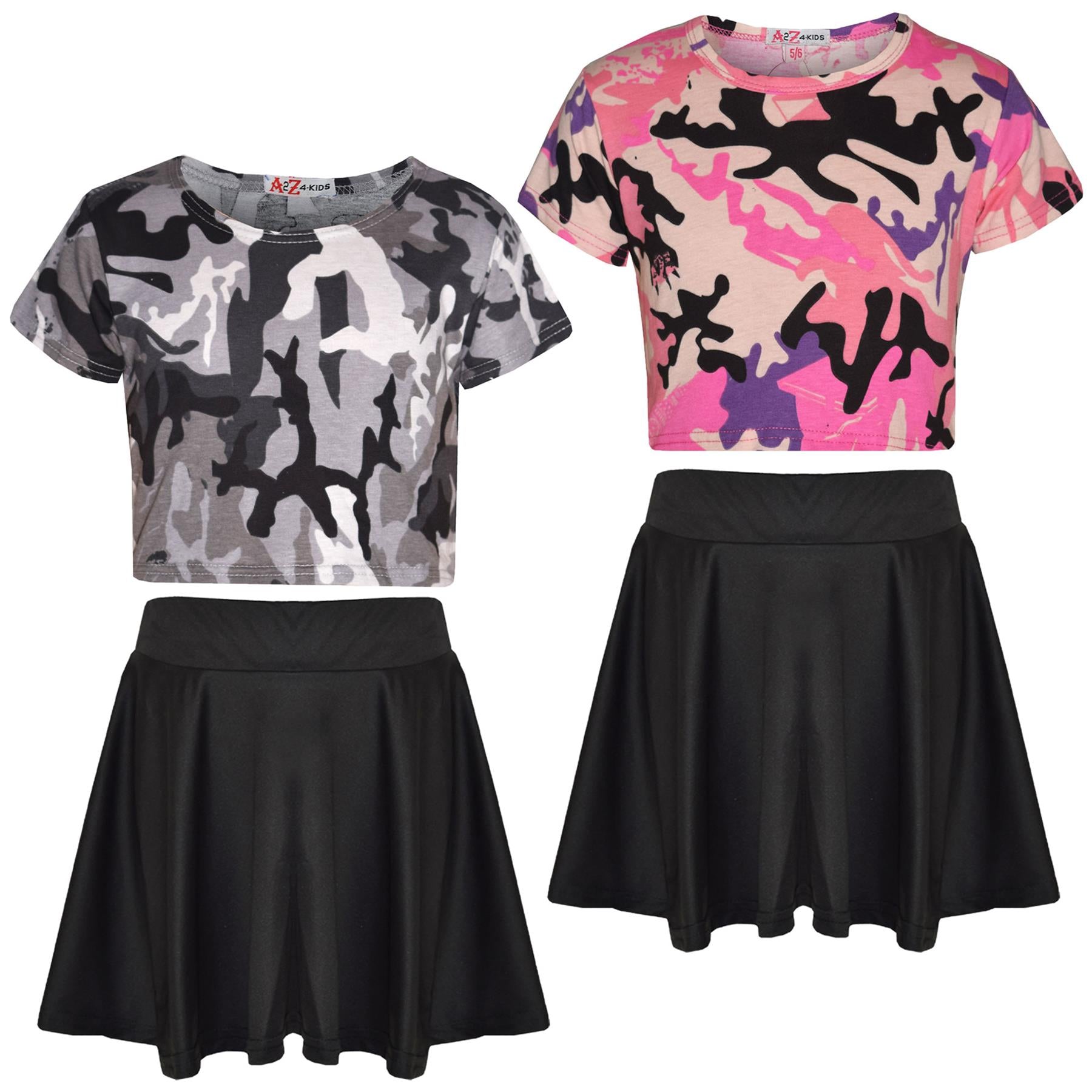 Kids Girls Camouflage Print Crop Top & Skater Skirt Summer Wear Outfit Set