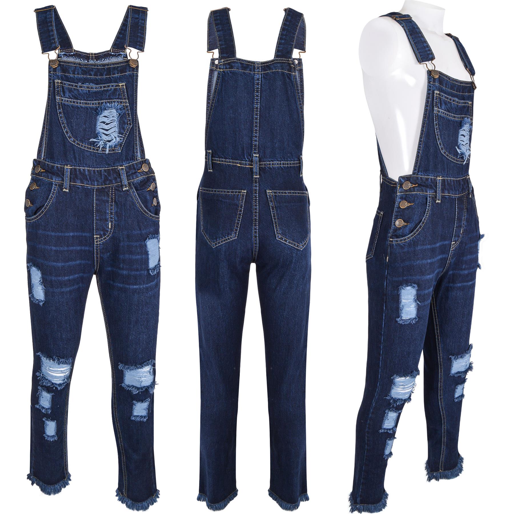 Kids Girls Denim Dungaree Dark Blue Ripped Jeans - Kids Clothing Store