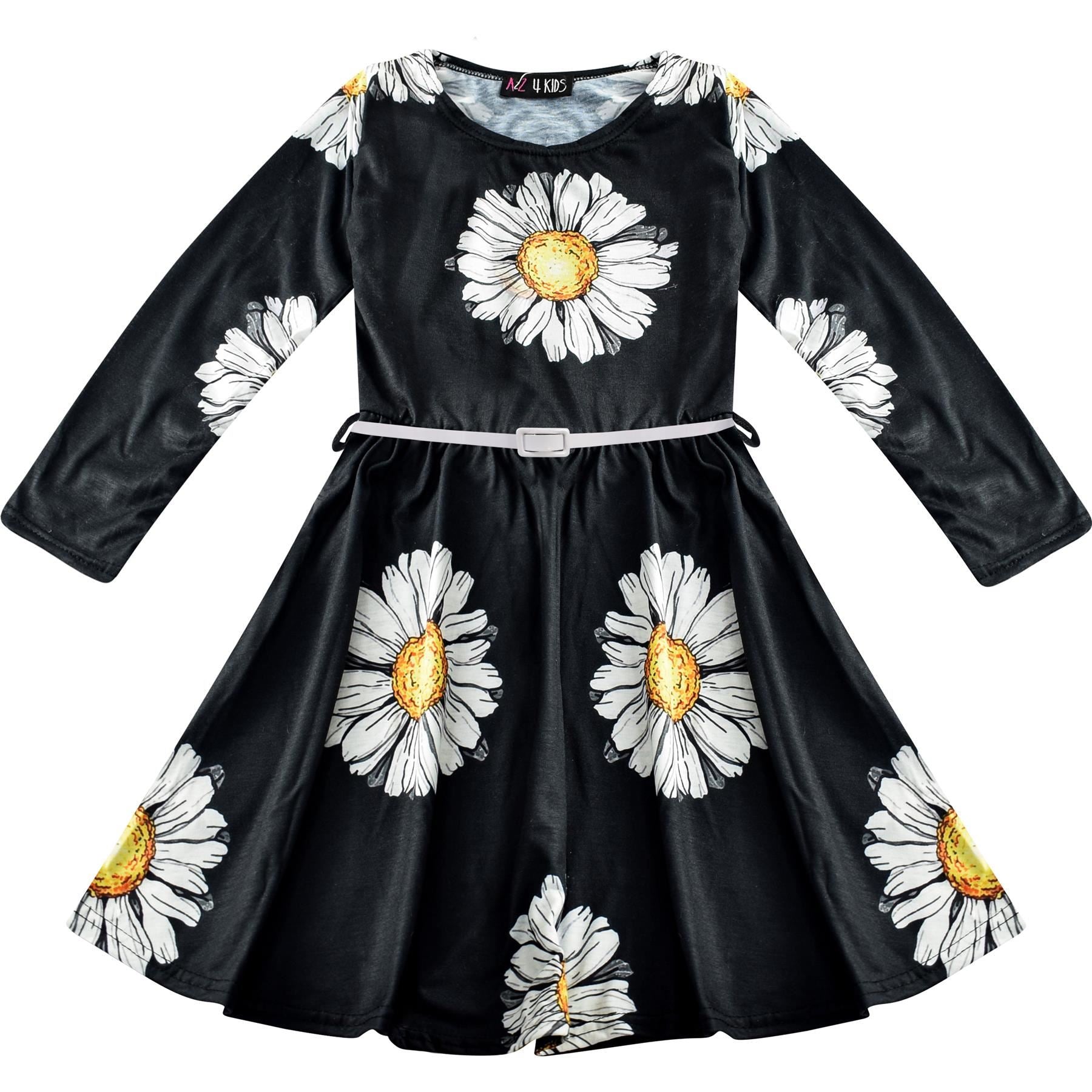 Kids Girls Long Sleeves Daisy Flower Print Skater Dress Fasion